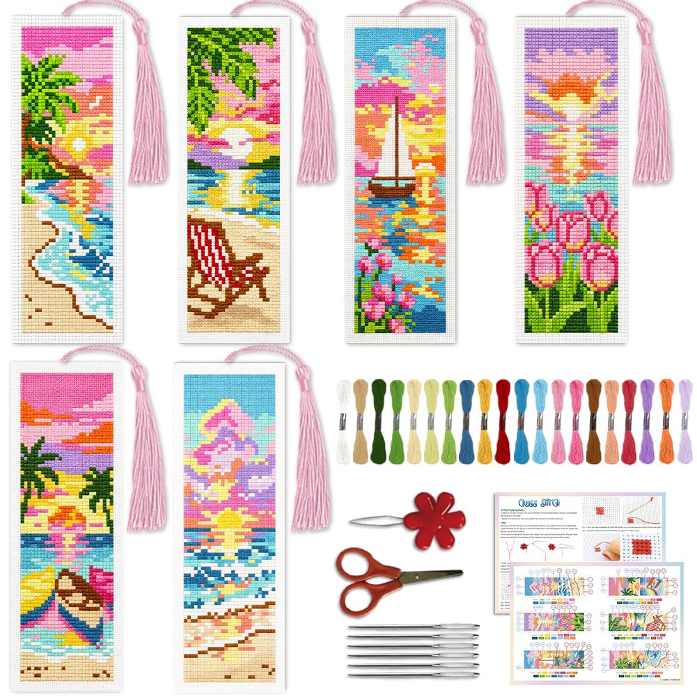 ACRNIGHEET 6PCS Cross Stitch Bookmark Kit for Beginner(Sunrise Sea)