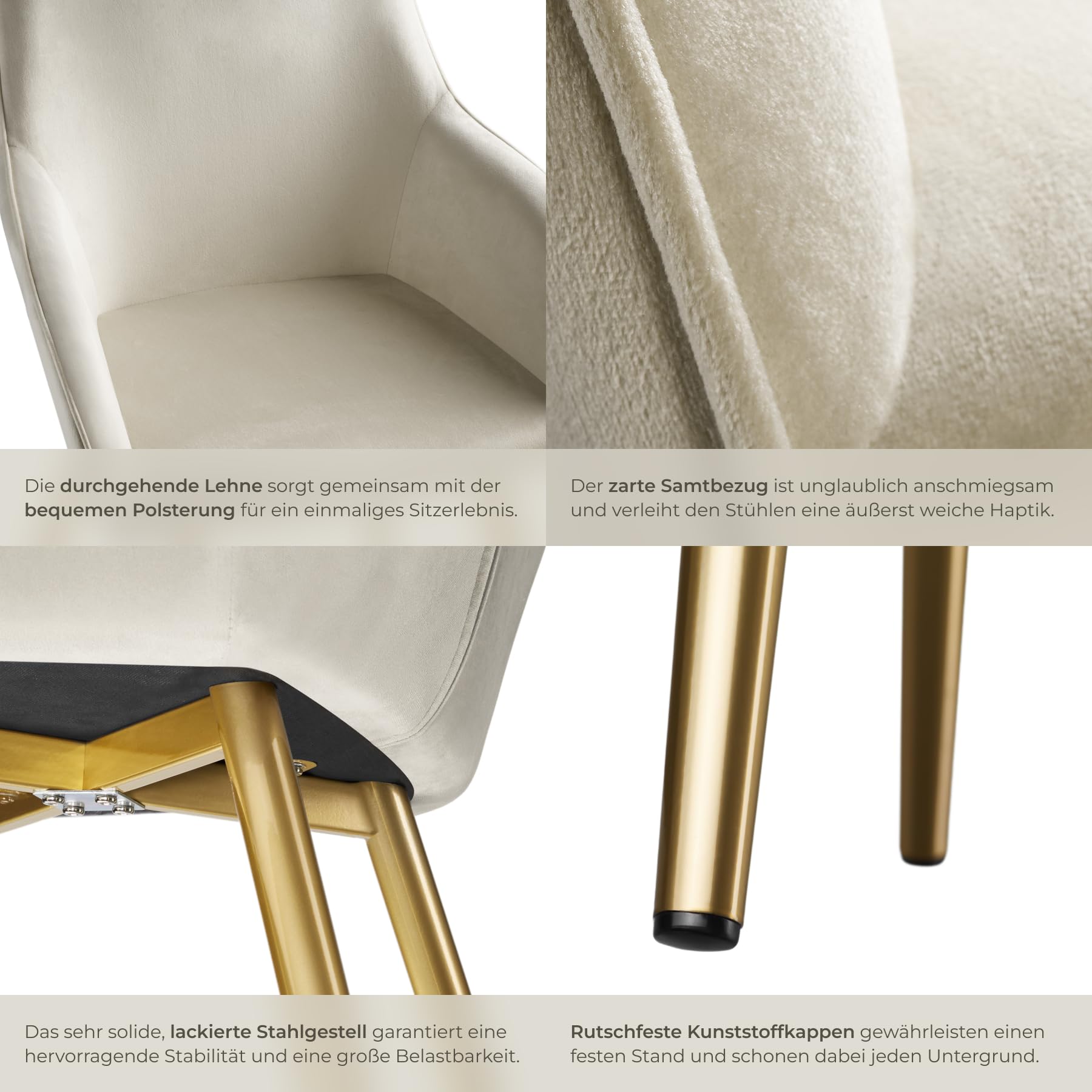 tectake® Esszimmerstuhl, Sessel bequem mit Armlehne, Polsterstuhl, Samtstoff Cocktailsessel, Loungesessel für Wohnzimmer, Esszimmer, Moderne Küchenstühle, Bürostuhl créme/Gold