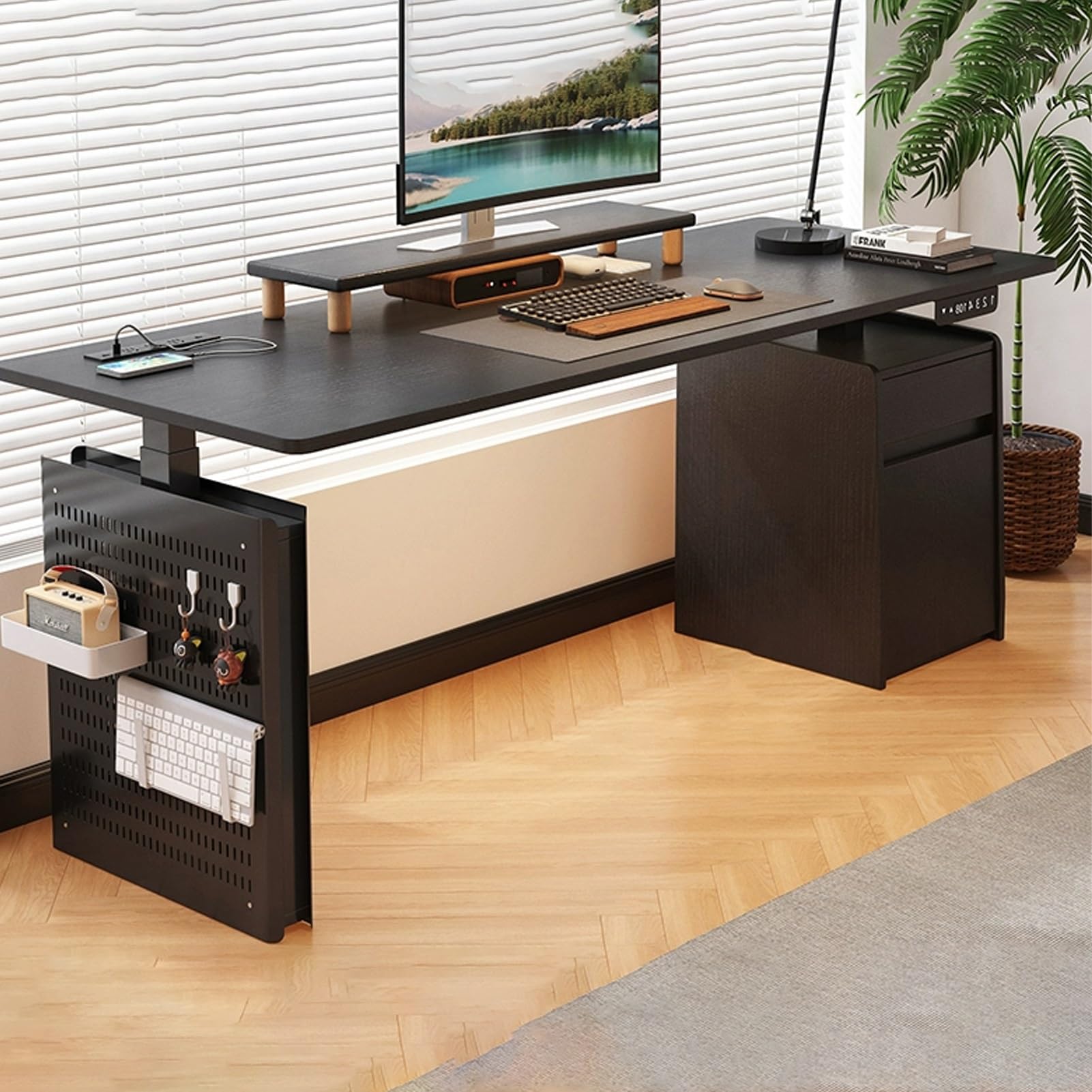 CGCSYZ Adjustable Standing Desk with Storage, Standing Desk with Drawers and Cabinets, Pegboard Lift Desk, 4 Memory Presets, Easy to Install (Black 47.2in/120cm)