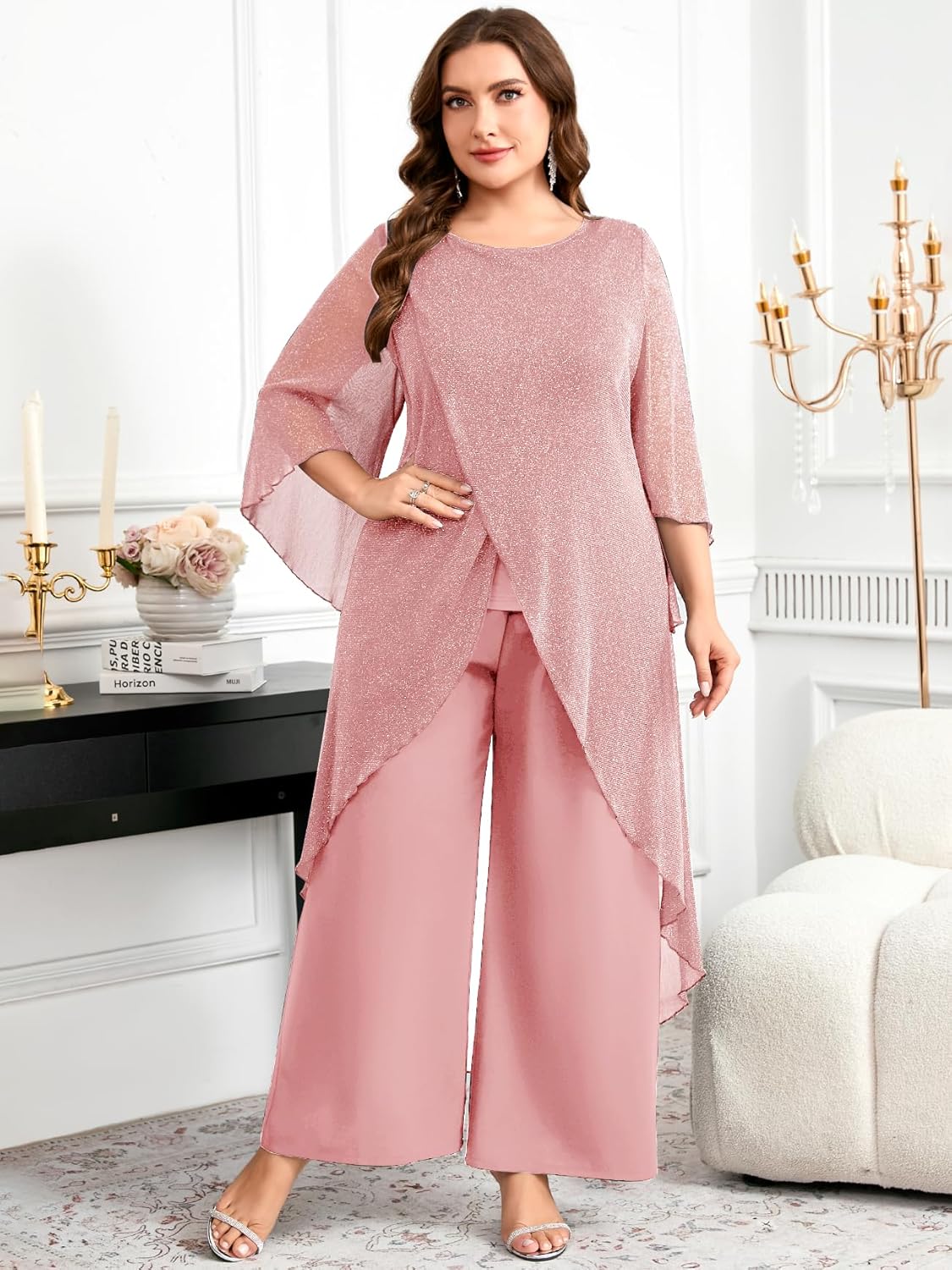 Plus Size Mother of The Bride Pant Suits 2 Piece Sparkly Mesh Sets Dressy Wedding Guest Outfit with High Low Hem - Image 2