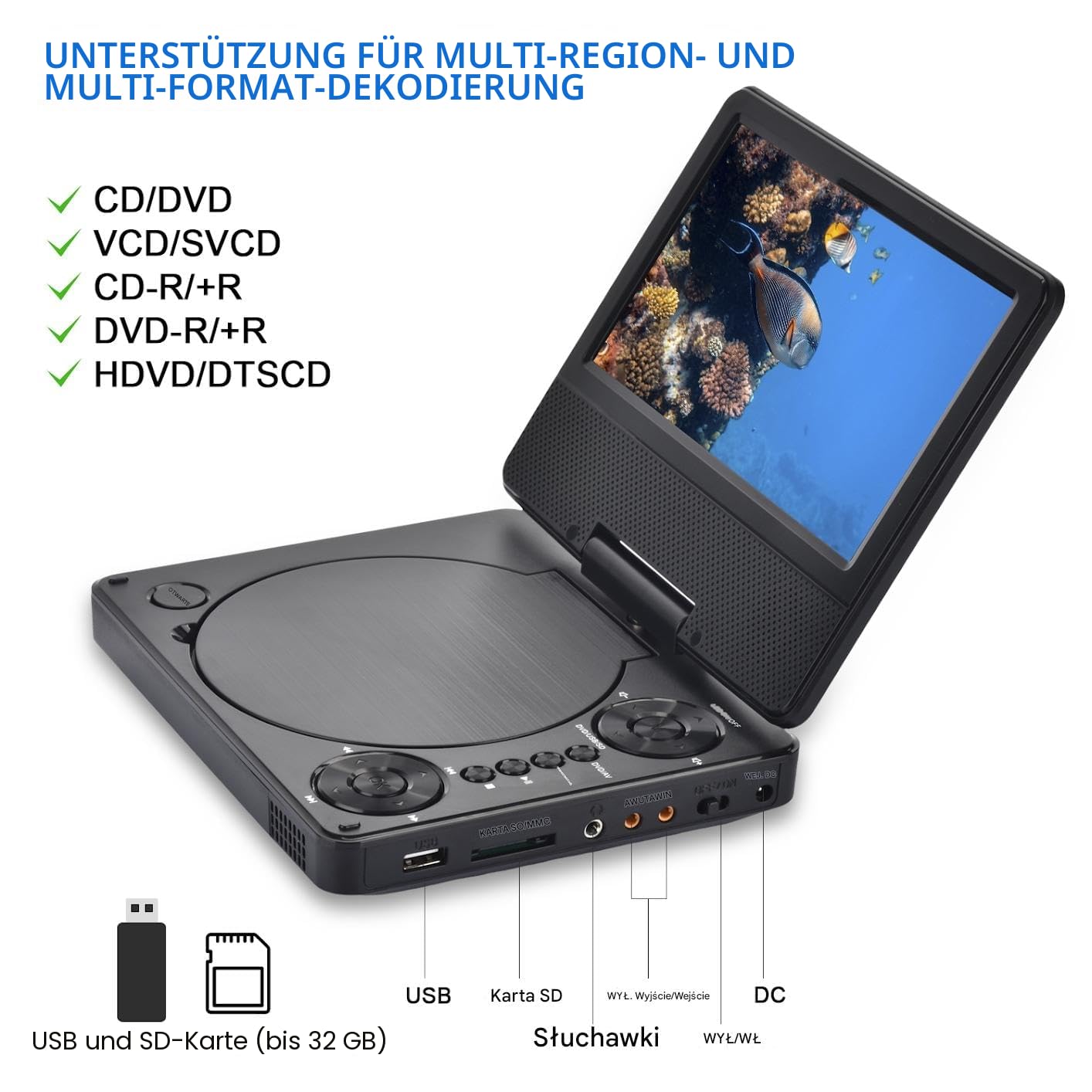 YOOHOO 9,5" Mini tragbarer DVD Player für Auto und Kinder mit Bildschirm 7,5" HD Bildschirm,mit akku， unterstützt alle Regionen, mehrere Regionen, Auto DVD Player für Kinder, Kopfhörer/SD/USB