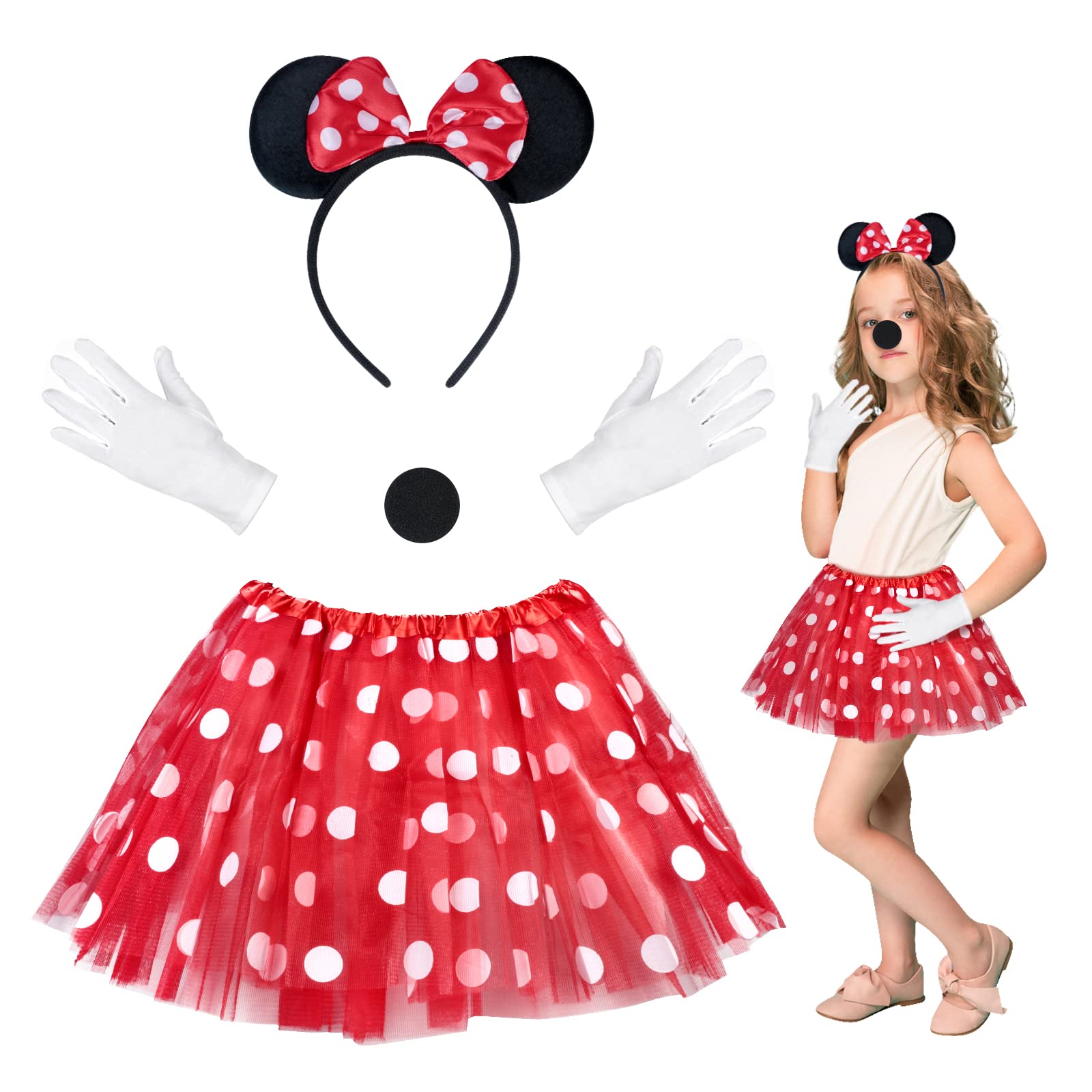 HONMOK Disfraz de ratón Carnaval niña Mickey Mouse Disfraz de ratoncito Punteado tutú con Orejas de ratón Guantes de Nariz Cosplay Set para Carnaval Fiesta de Disfraces Puntos Rojos