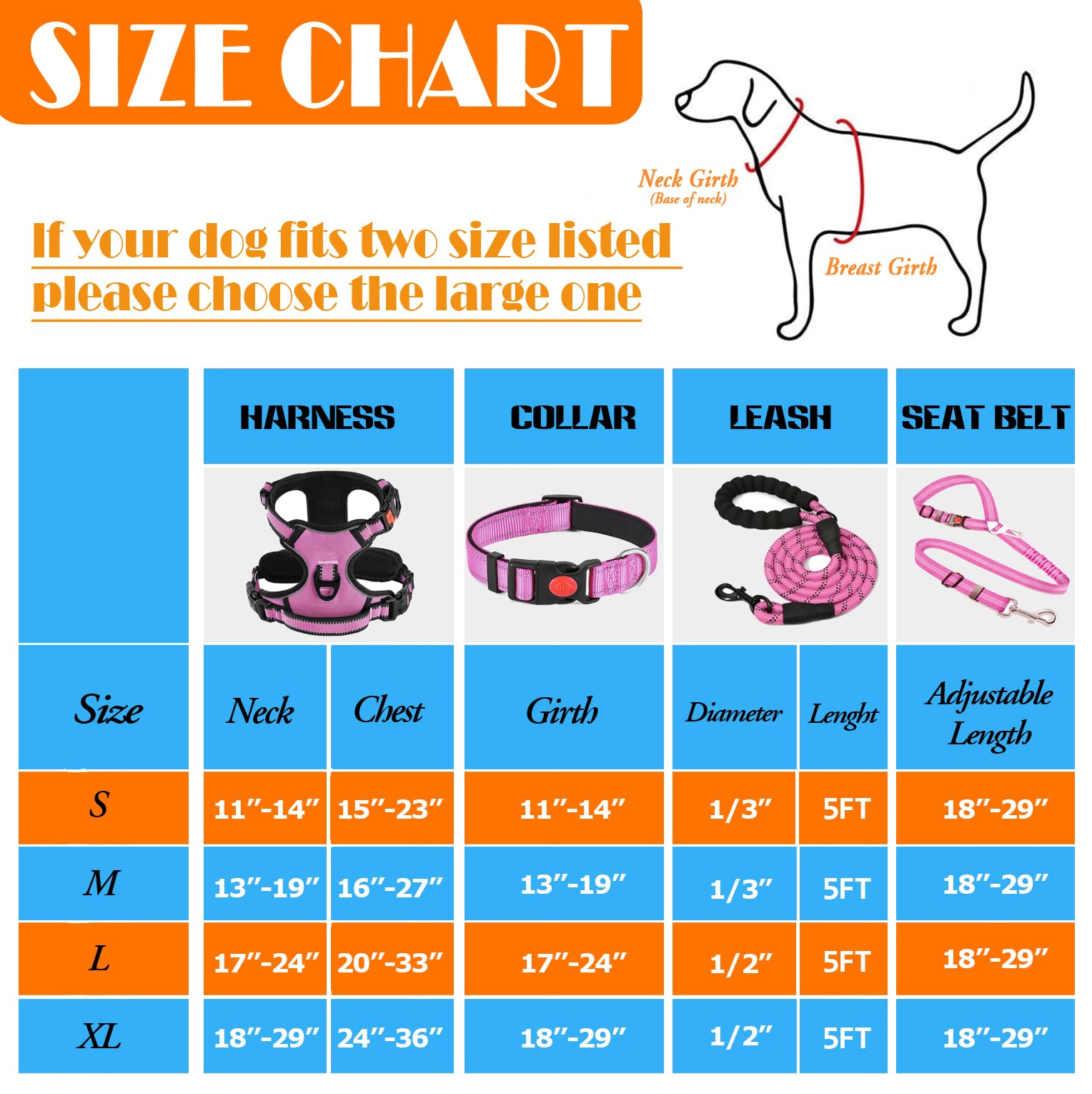 No Pull Dog Harness, Collar & Leash Set | Includes Dog Seat Belt, Collapsible Bowls & Poop Bag Dispenser. Ideal for Training, Walking, Hiking. Fits Small to Large Dogs(Pink-L)
