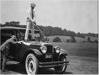 Funny Golf Wall Art Print,Antique Golfer on Top of Car Photography,Black And White Sports 1920s,Golfer Gift & Club Decor11x14inch Unframed