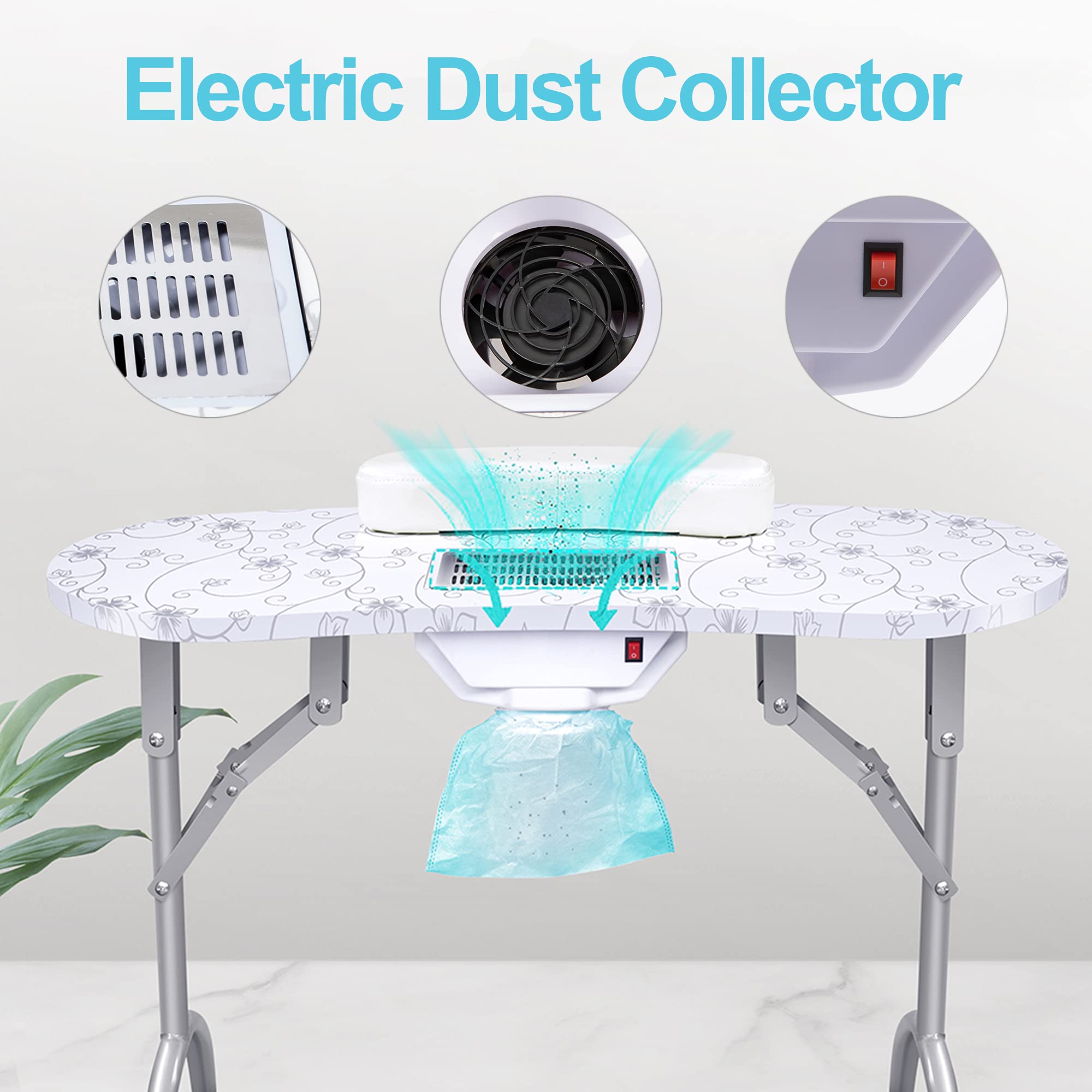 DIKO Manicure Table Nail Desk Portable & Foldable Nail Table Station Technician Desk for Home Spa Beauty Salon Nail Beauty with Electric Dust Collector, Wrist Cushion, Lockable Wheels, Carry Bag