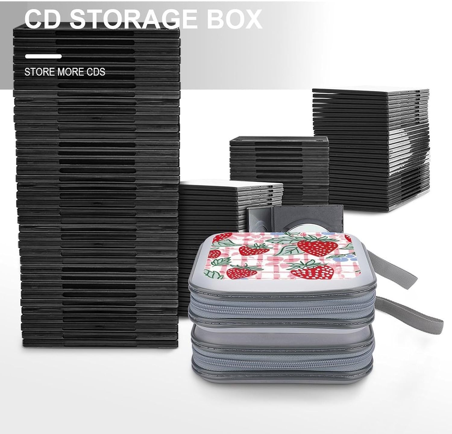 Strawberry Check Comic Style CD Case DVD Storage Holder Binder 40 Capacity | protective,hard case,protable loop,travel car use,zippered closure