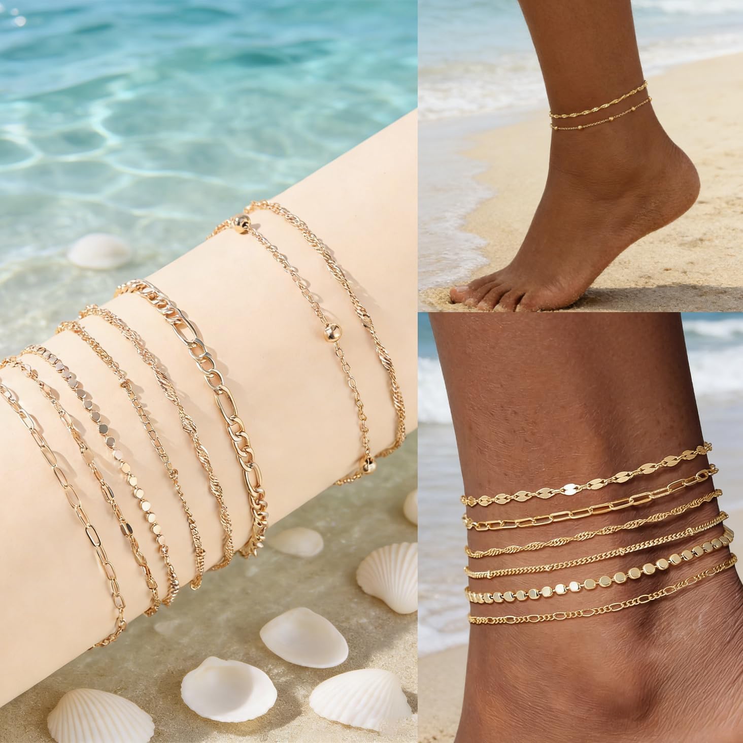 Gold Silver Ankle Bracelets for Women Waterproof Lightweight Link Chain Stackable Anklets Set Dainty Summer Beach Adjustable Jewelry Gift