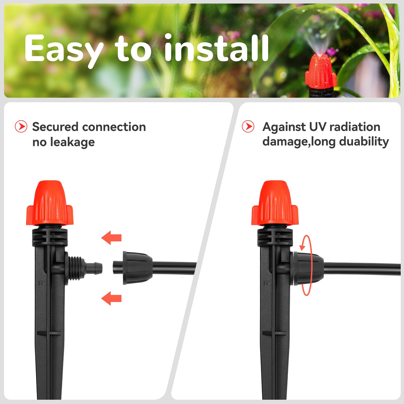 Emettitori di irrigazione a goccia per tubi da 1/4": emettitori regolabili a 360 gradi con blocco spinato, gocciolatori nebulizzatori con paletto per sistema di irrigazione da giardino (30 pezzi)
