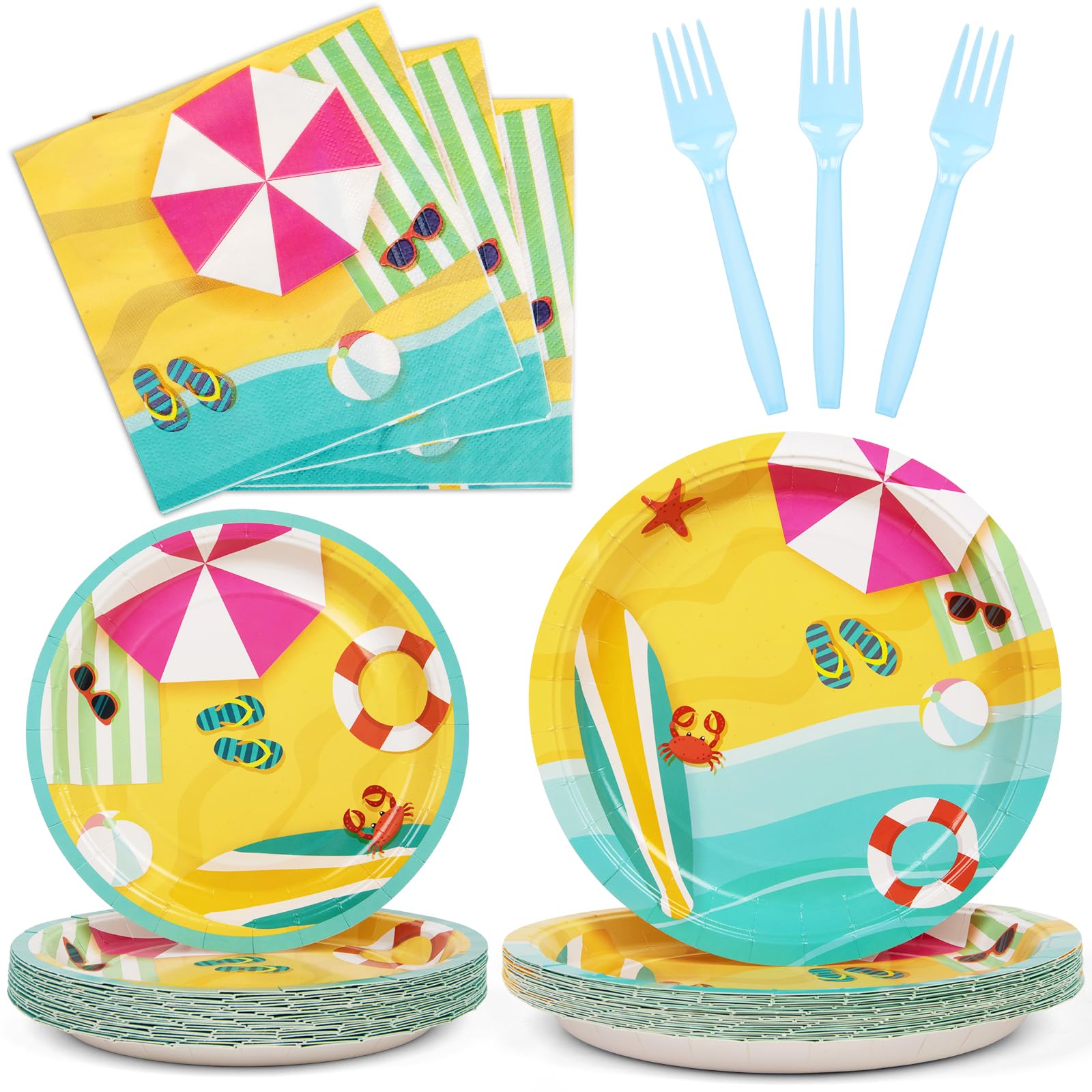 DECORLIFE 96 Pcs Beach Party Supplies, Summer Paper Plates and Napkins Tableware Set Serves 24 Guests, Beach Themed Party Decorations for Birthday Baby Shower Party, Forks Included