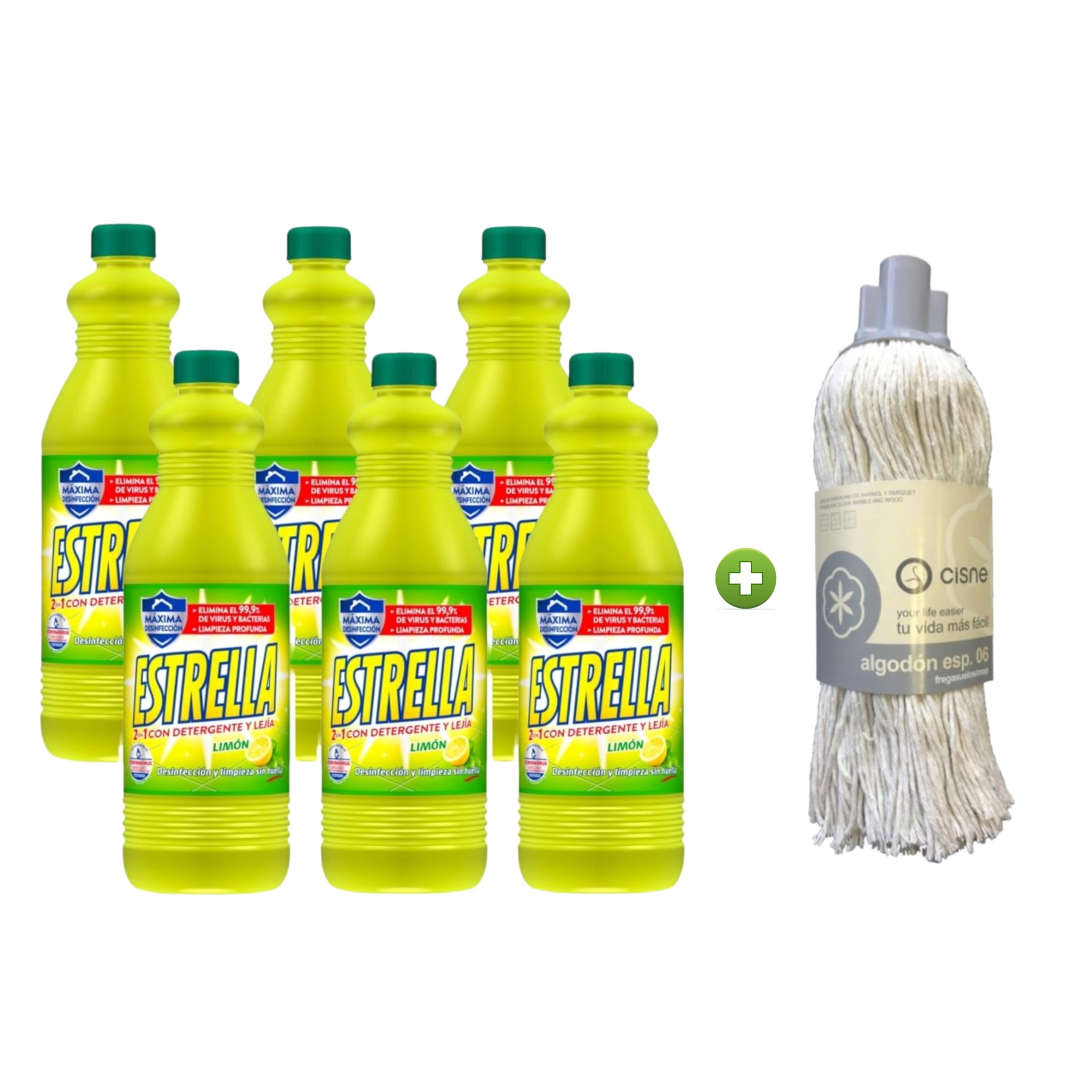 PoliChollo Estrella Detergente y Lejía con Aroma a Limón 1430 ml - Pack de 6 - Limpieza Profunda, Elimina Manchas y Desinfecta, Ideal para Cocinas y Baños + Fregona Cisne