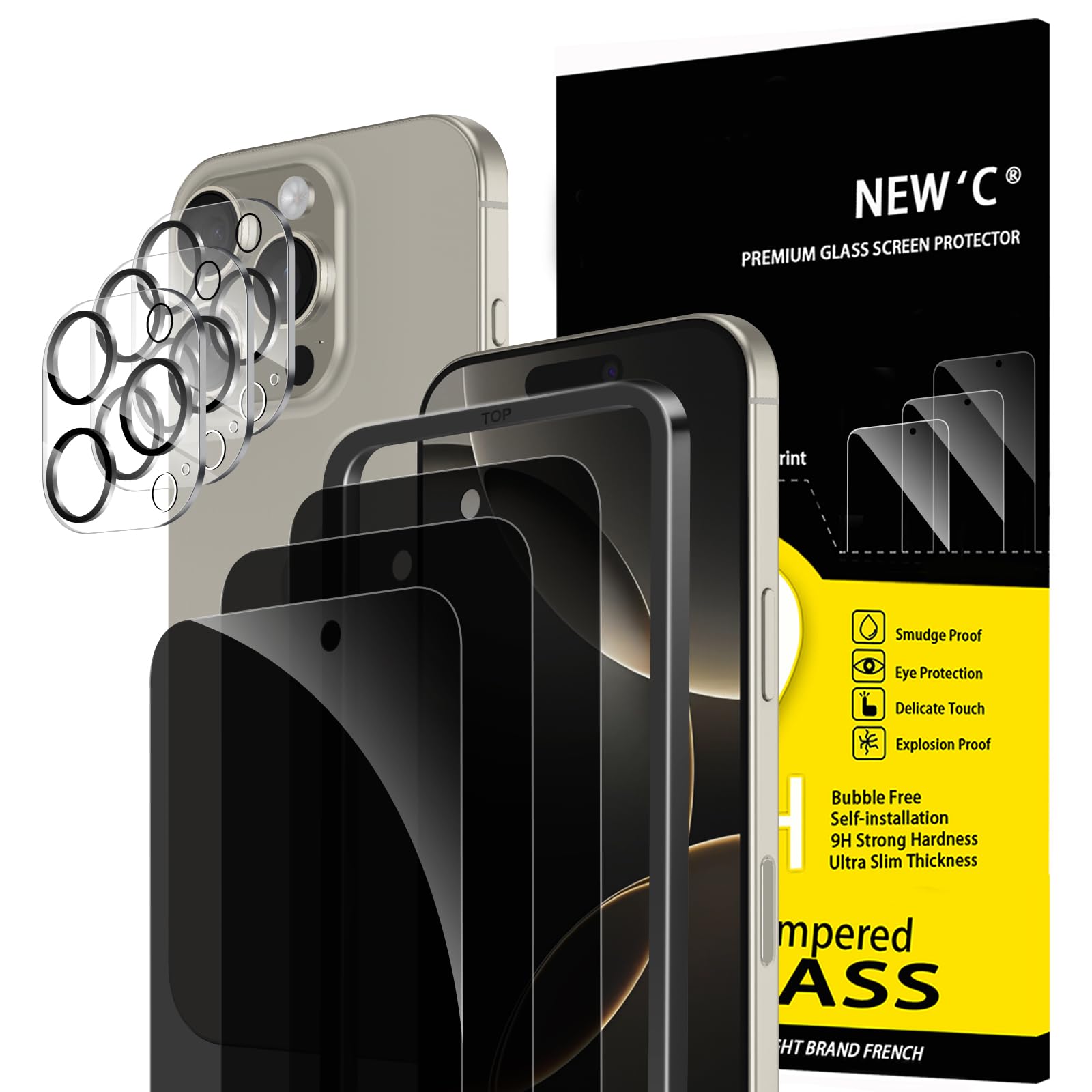 NEW'C for iPhone 16 Pro Max Privacy Screen Protector + Camera Protector