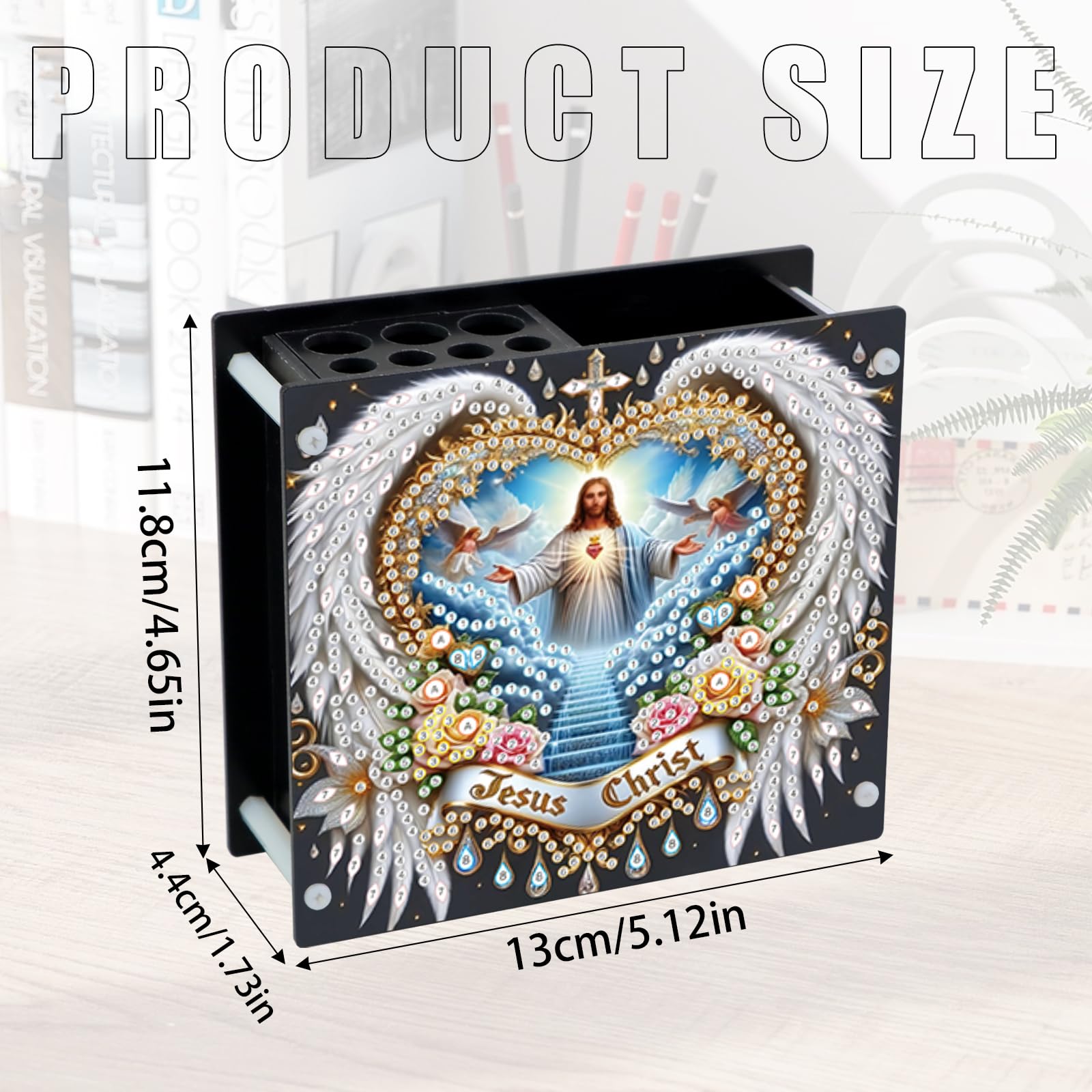 SHEGZHUC 13 x 11.8 cm Diamond Painting Pen Holder Desk Jesus Christ Organiser Diamond Painting Pens Organiser Pen Holder Brush Holder Special Stones Gifts for Office School Household - Image 2