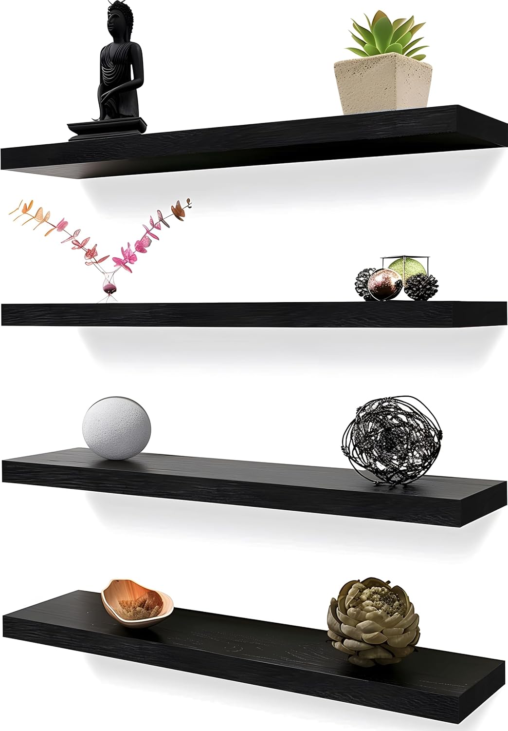 Wood Floating Shelves for Wall Decor, Rustic Wall Shelves for Bedroom Bathroom Kitchen Living Room, Set of 4 Black 24 Inch 24inch Black