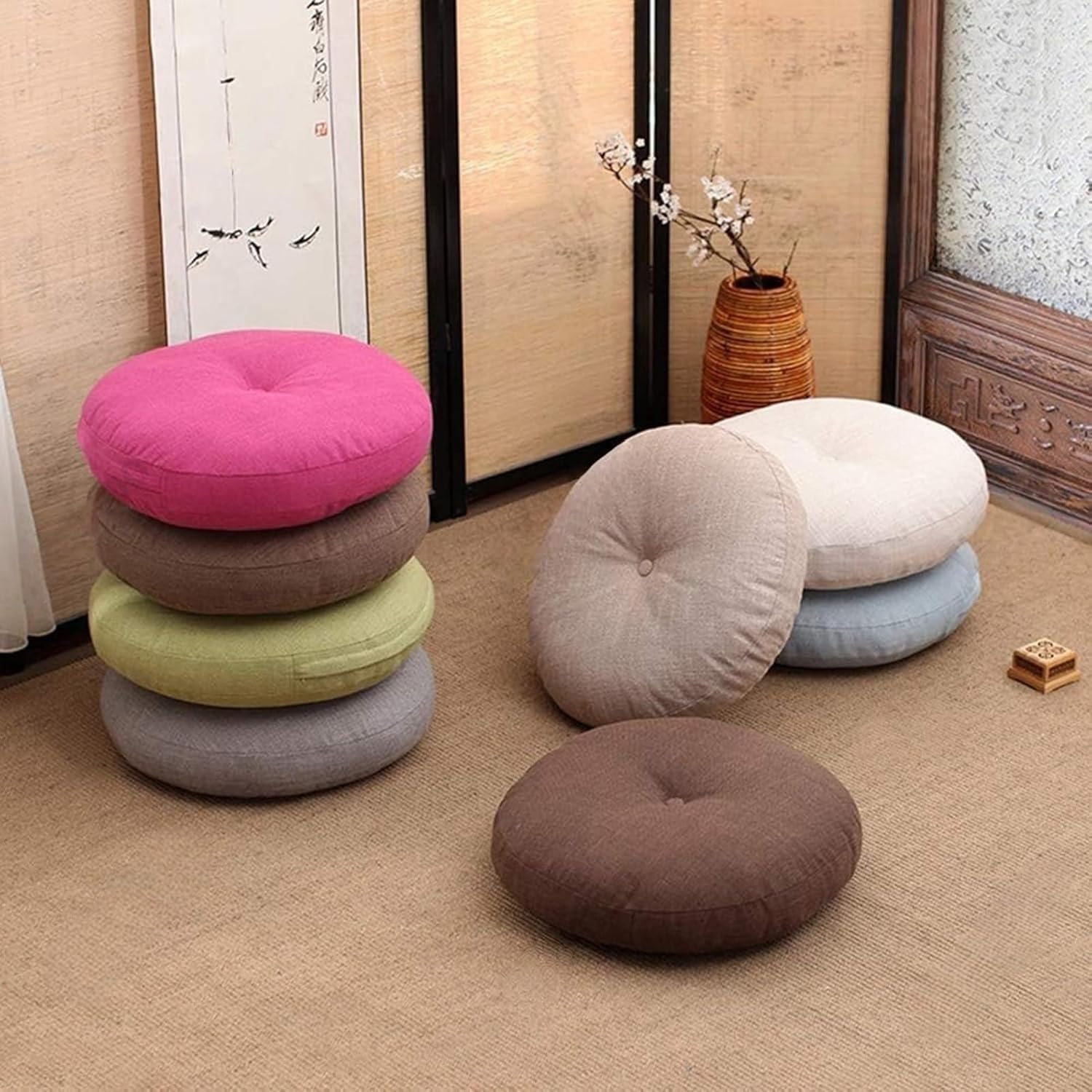 Hellviolettes rundes japanisches Kissen, abnehmbares dickes Leinen, Baumwolle, Sitzkissen, minimalistisches Yoga-Kissen für Fenster, Erkerung, Balkon, Zen-Zimmer, 45 cm