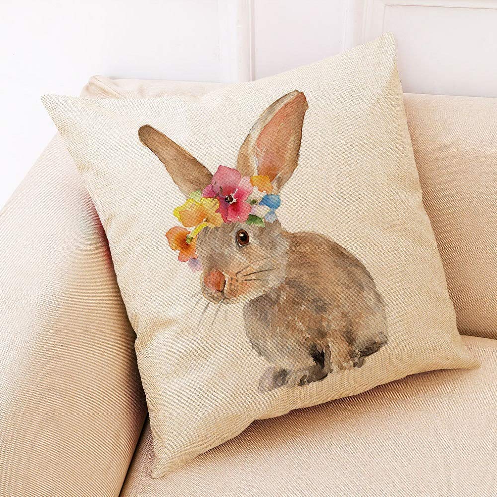 BCKAKQA Easter Pillow Case 18x18 inch Linen Cushion Covers 45cm x 45cm Set of 4 Square Throw Pillow Covers for Living Room Sofa Couch Decor (Flower and Rabbit) - Image 2