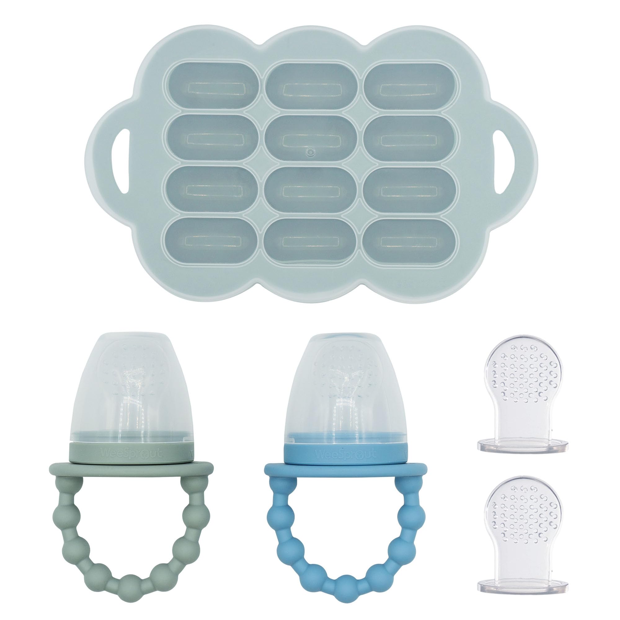 WeeSprout Baby Food Feeder Set - 2 Silicone Feeders & Reusable Freezer Tray with Lid - BPA-Free Fresh Fruit & Veggie Pacifier for Babies & Toddlers - Double as Teething Toys - Dishwasher Safe