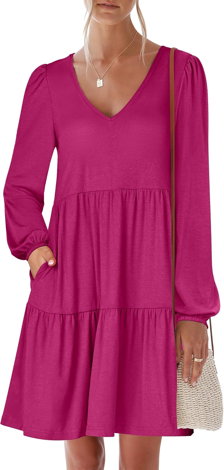 ANRABESS Womens Long Sleeve Dress 2025 Fall Casual V Neck Tiered Flowy Short Dresses Beach Travel Vacation Outfits
