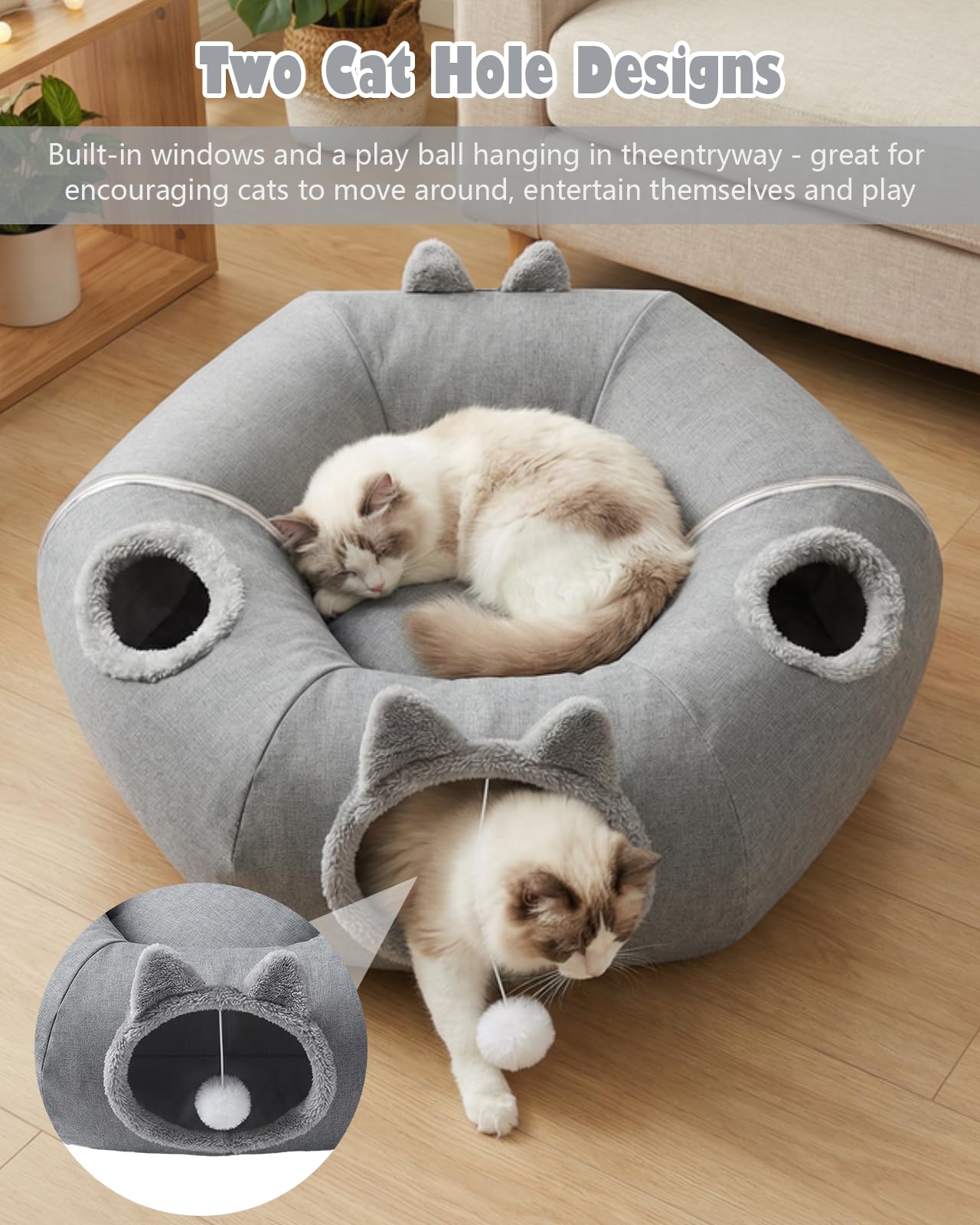 Katzentunnel aus Leinen für den Sommer, XXL Katzentunnel Große Katzen mit Schlafplatz & Bed Weiches, mit Zwei Eingängen Katzenhöhle & Hängende Bälle, Katzen Donut Cat Tunnel für Katze (Dunkelgrau)
