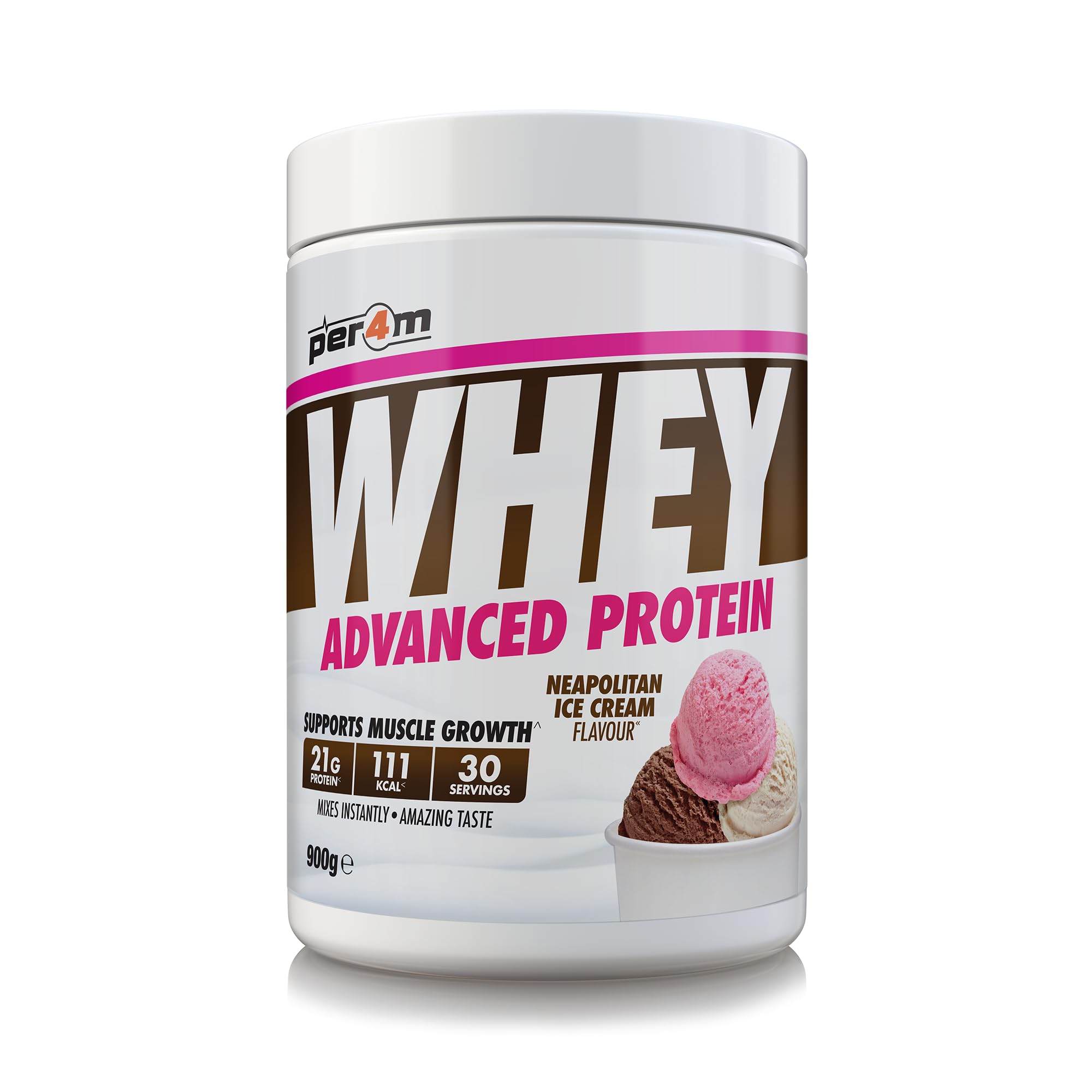 Per4m Protein Whey Powder | 30 Servings of High Protein Shake with Amino Acids | for Optimal Nutrition When Training | Low Sugar Gym Supplements (Neapolitan Ice Cream, 900g)