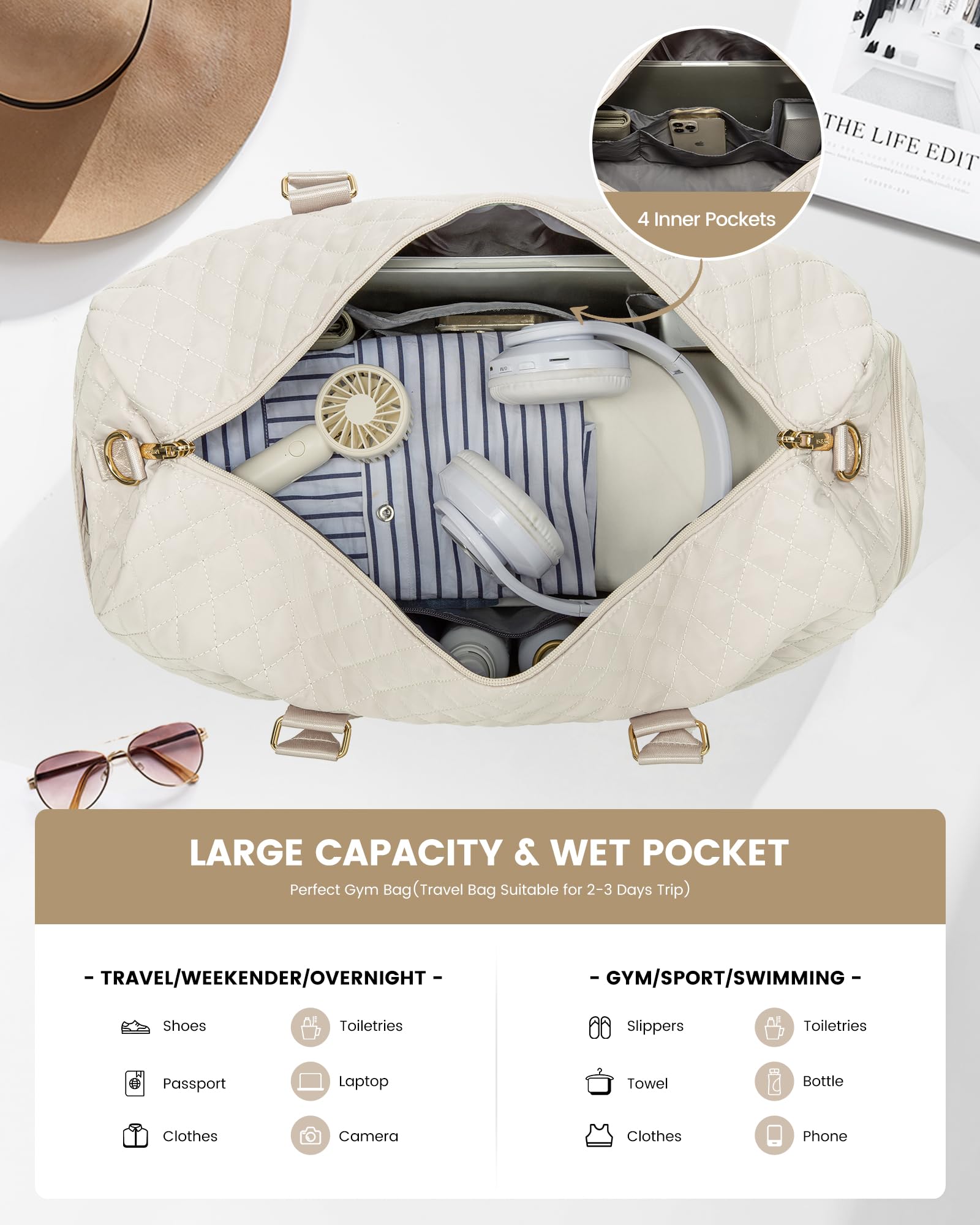 LOVEVOOK Borsone da Viaggio Donna Borsone Palestra con Scomparto per le Scarpe, Grande Borsa Parto Ospedale Mamma Nascita, Impermeabile Borsa Piscina Sportiva, Travel Weekender Gym Bag Beige