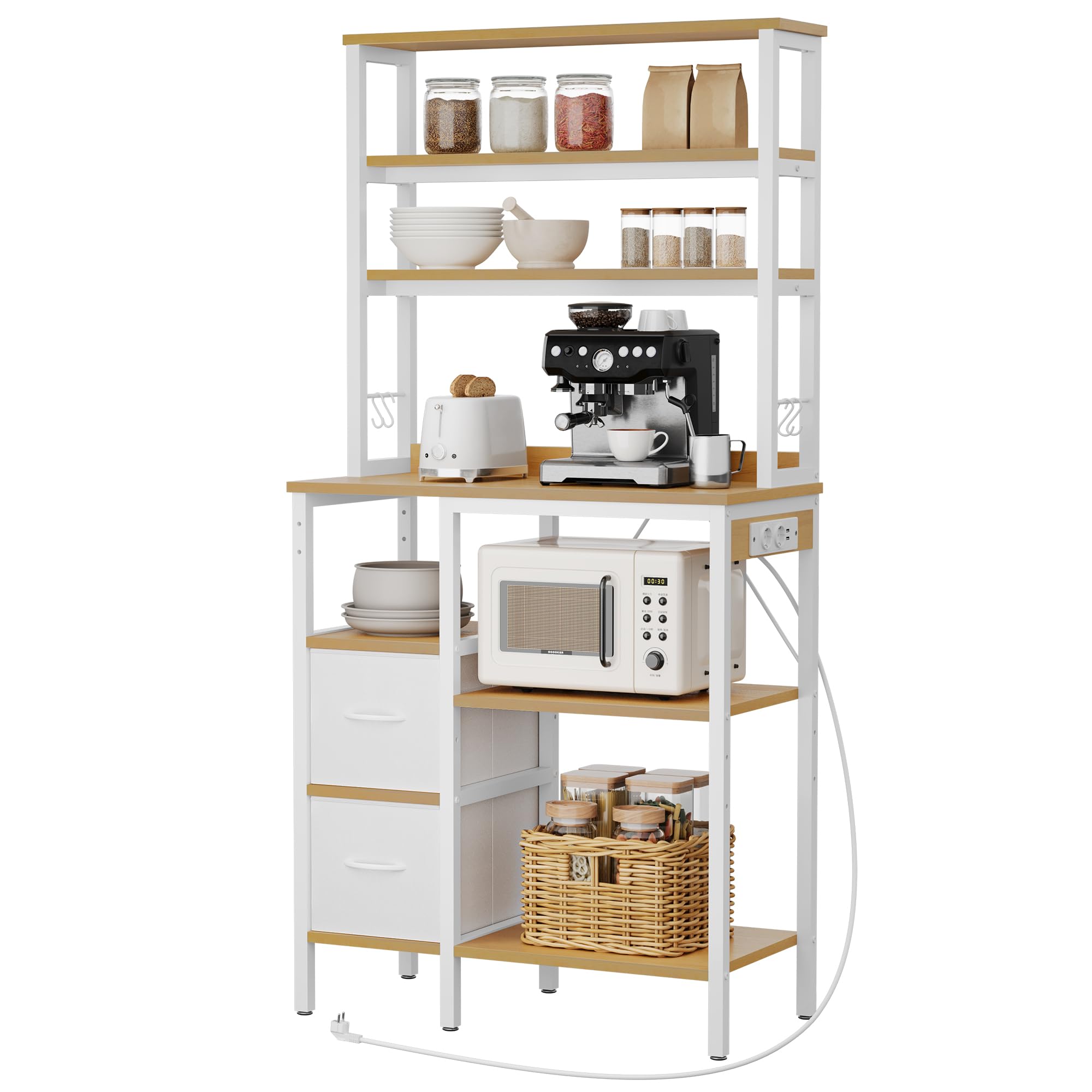 YITAHOME Küchenregal mit Steckdose, 2 AC-Steckdosen, 2 USB-Anschlüssen, Kaffeebar, Bäckerregal mit 2 Schubladen und 4 Haken, Mikrowellenregal, für Backofen, 80 x 39,9 x 167,6 cm, Eiche und Weiß