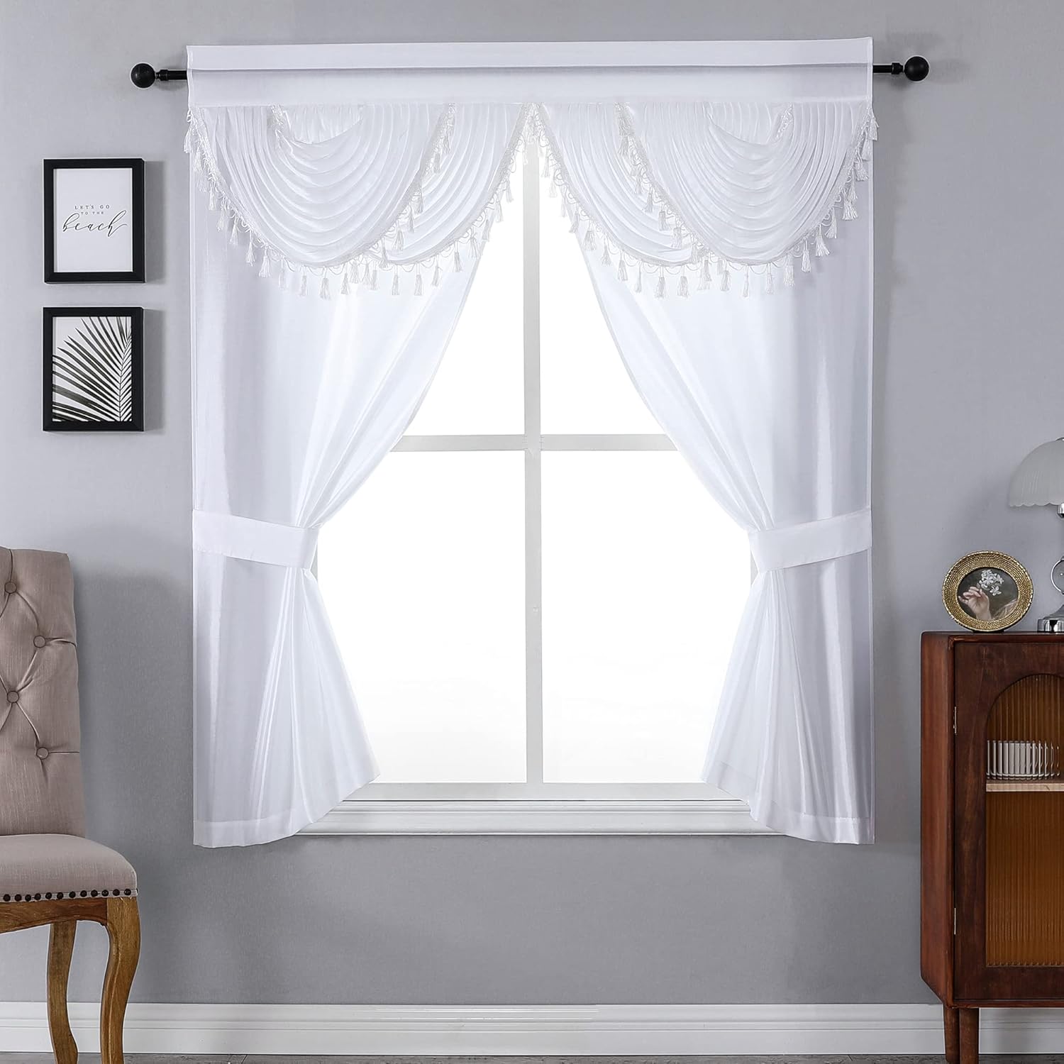 Regal Home Collections Amore Curtains 5-Piece Window Curtain Set - 54-Inch W x63-Inch L Panels with Attached Valance and 2 Tiebacks - Bedroom Curtains and Living Room Curtains (Beige)