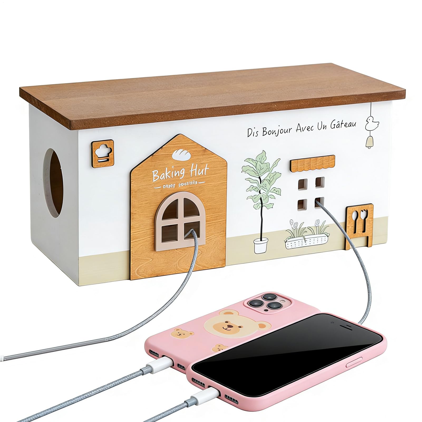 Organizzatore Cavi Cesto Design Cabina In Legno | Contenitore per Cavi di Ricarica Per Scrivania Elettronica Telefono TV Viaggio Esterno
