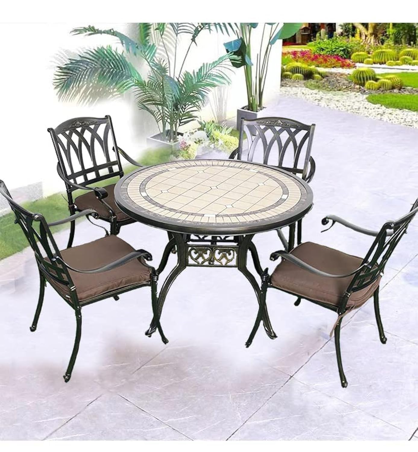 Yulan Outdoor 5-Piece Outdoor Furniture Dining Set, All-Weather Cast Aluminum Conversation Set Includes 4 Chairs and 1Ceramic tile top Round Table for Patio Garden Deck 0270