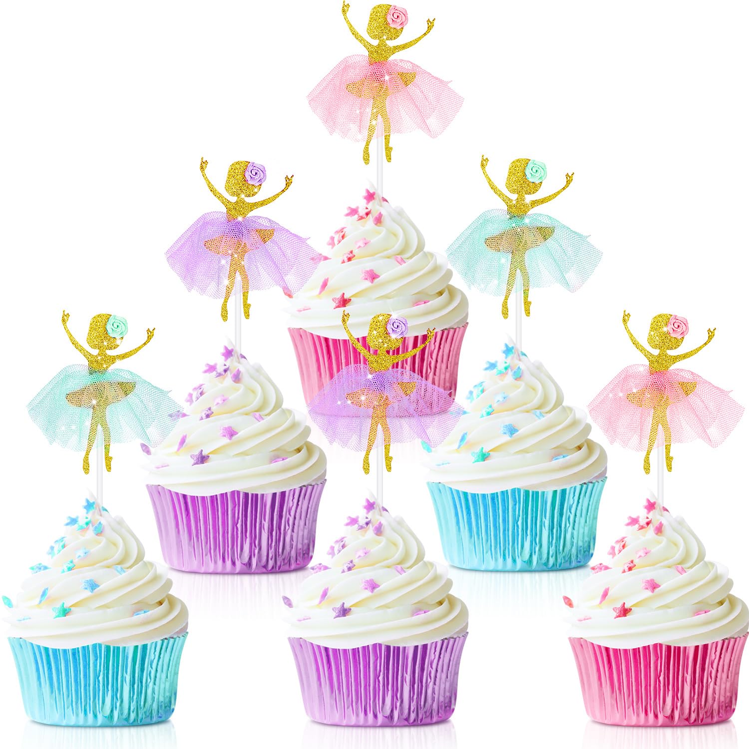 Blulu 48 Pcs Ballet Cupcake Toppers Glitter Ballerina Tutu Girls Party