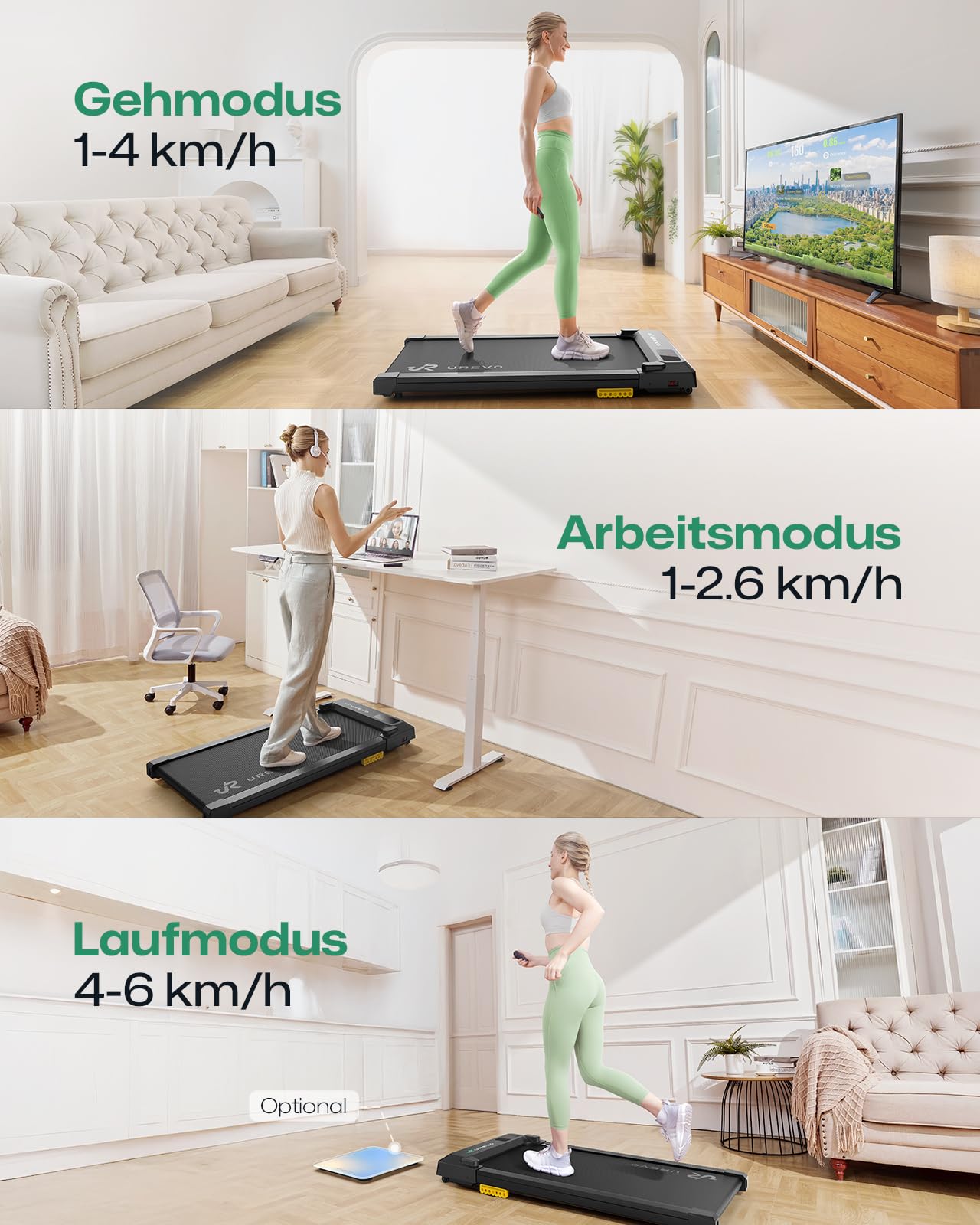 UREVO Smart Walking Pad, kompaktes Laufband unter Schreibtisch | Doppelter Stoßdämpfung, Workout-App mit Track Insights und MIIT-Modus, Fernbedienung oder App-Steuerung für das Home Office