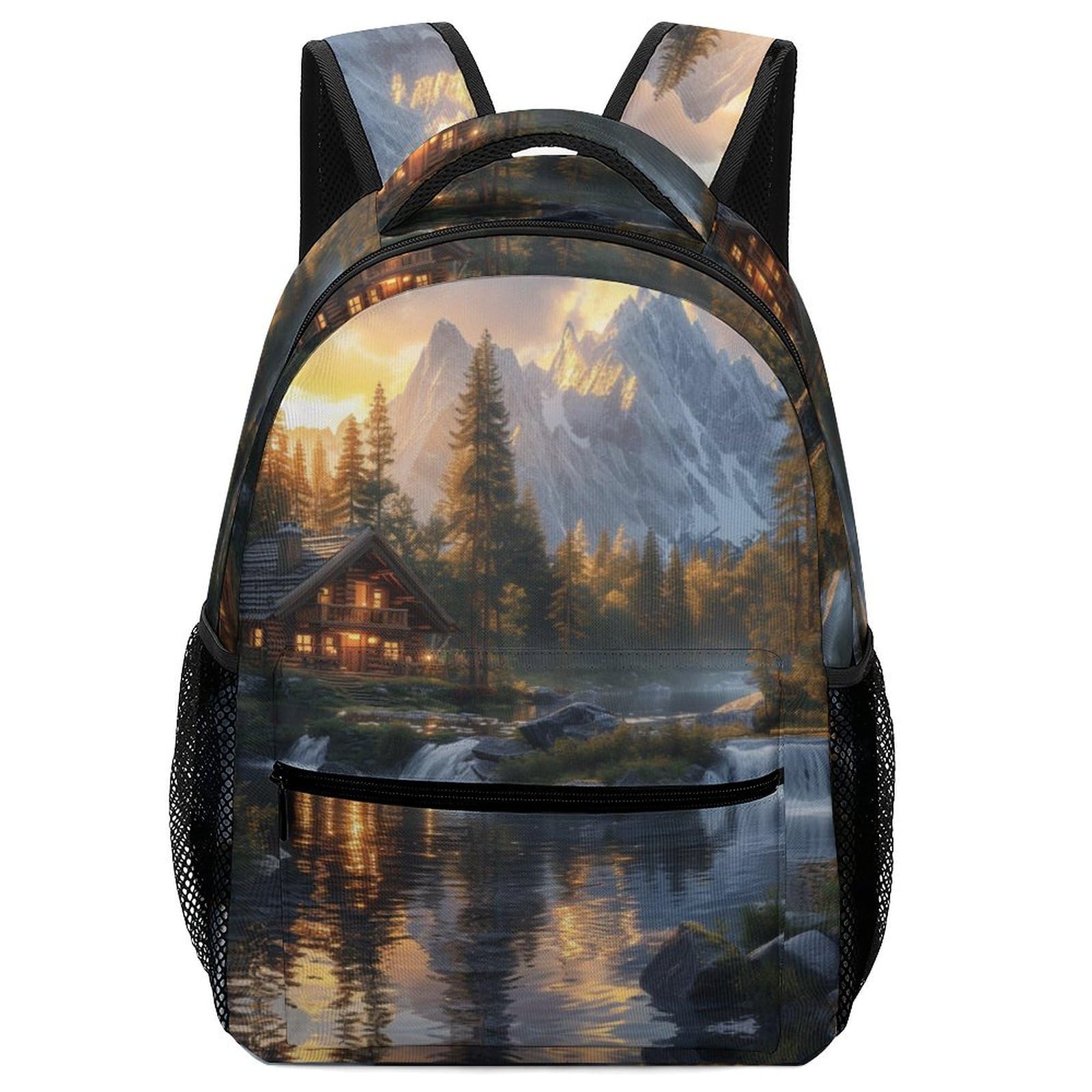 Cabaña de montaña Mochila Niña Niño hermoso paisaje Morrals Cómoda Y Versátil Mochila Colegio Mochila Infantil De Gran Capacidad Para Niñas Y Niños One Size