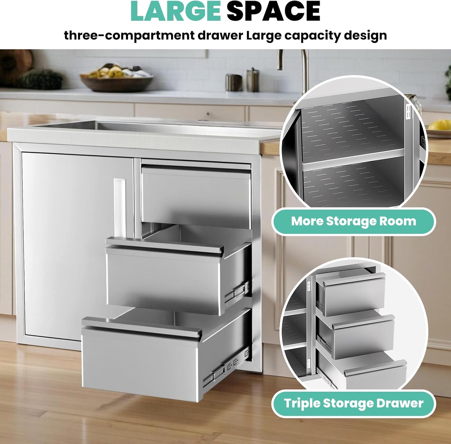 Outdoor Kitchen Drawers Combo Cabinet​, 28 x 22 x 19.5in Stainless Steel Cabinet​ Triple Drawers & Access Door, Multi-Layer Design with Partition, for Outdoor Kitchen Island Patio Grill Station