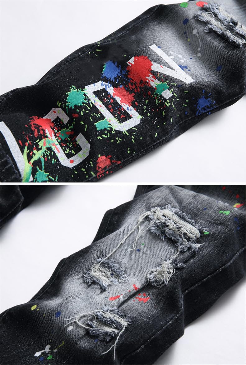 Vaqueros Hombre Slim Fit – Pantalones de Mezclilla Elástica con Diseño de Roturas, Estilo Hip-Hop Streetwear Y2K, Efecto de Salpicado de Tinta, Moda Casual y Versátil