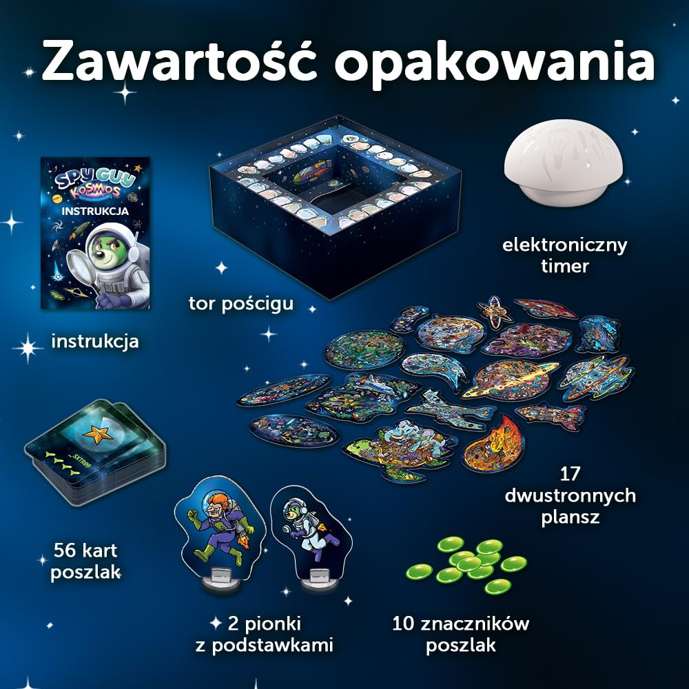 Trefl - Spy Guy Kosmos - Kooperacyjna Gra Obserwacyjna, Elektroniczny Timer, 17 Kształtowych Plansz, Rodzinna Gra Planszowa Dorosłych i Dzieci od 6 lat