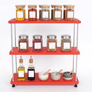 VINIUSIKI 3-Tier Adjustable Wood Countertop Shelf, Easy Assembly Natural Pine Spice Rack with 304 Stainless Steel Rods, Multipurpose Storage Organizer for Coffee Bar, Bathroom Vanity & Office,Orange