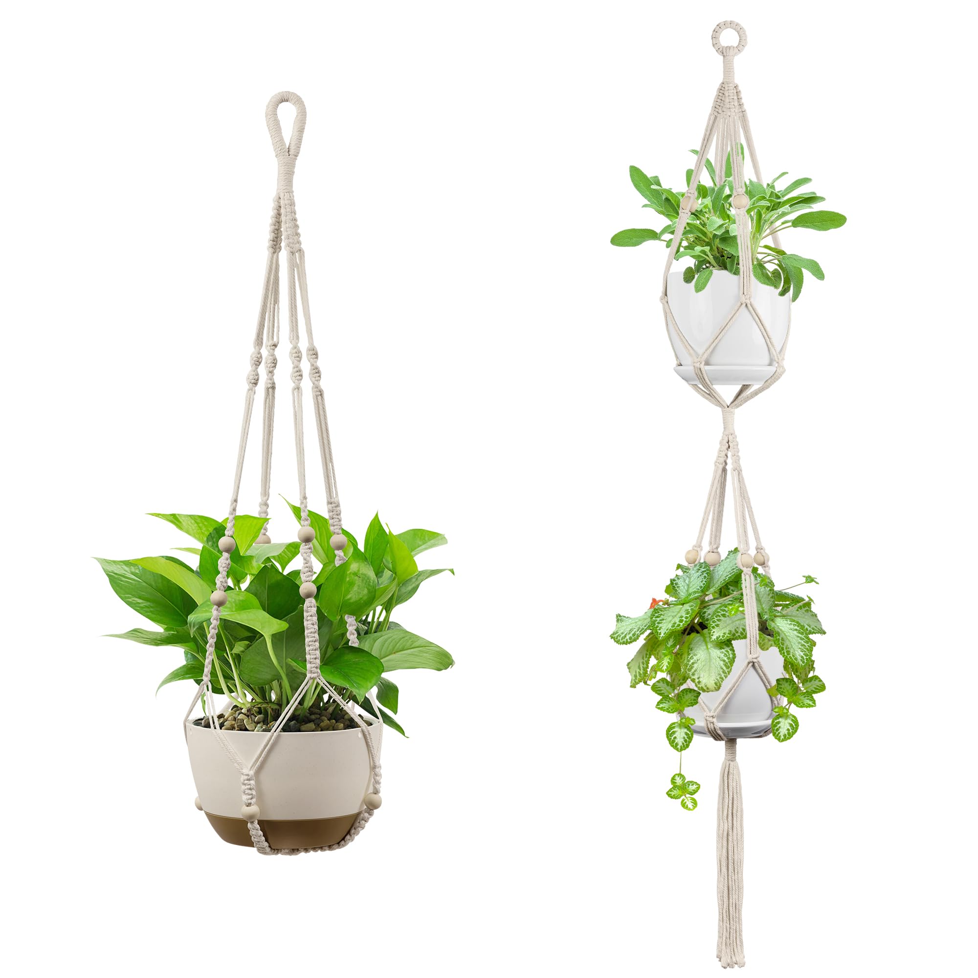 USLAI Macrame Plant Hanger Indoor Outdoor, Fits 4 to 15 Inch Pots, Strong Hanging Planter Holder, Boho Home Decor, 49+35 Inch, Ivory (POTS NOT Included)
