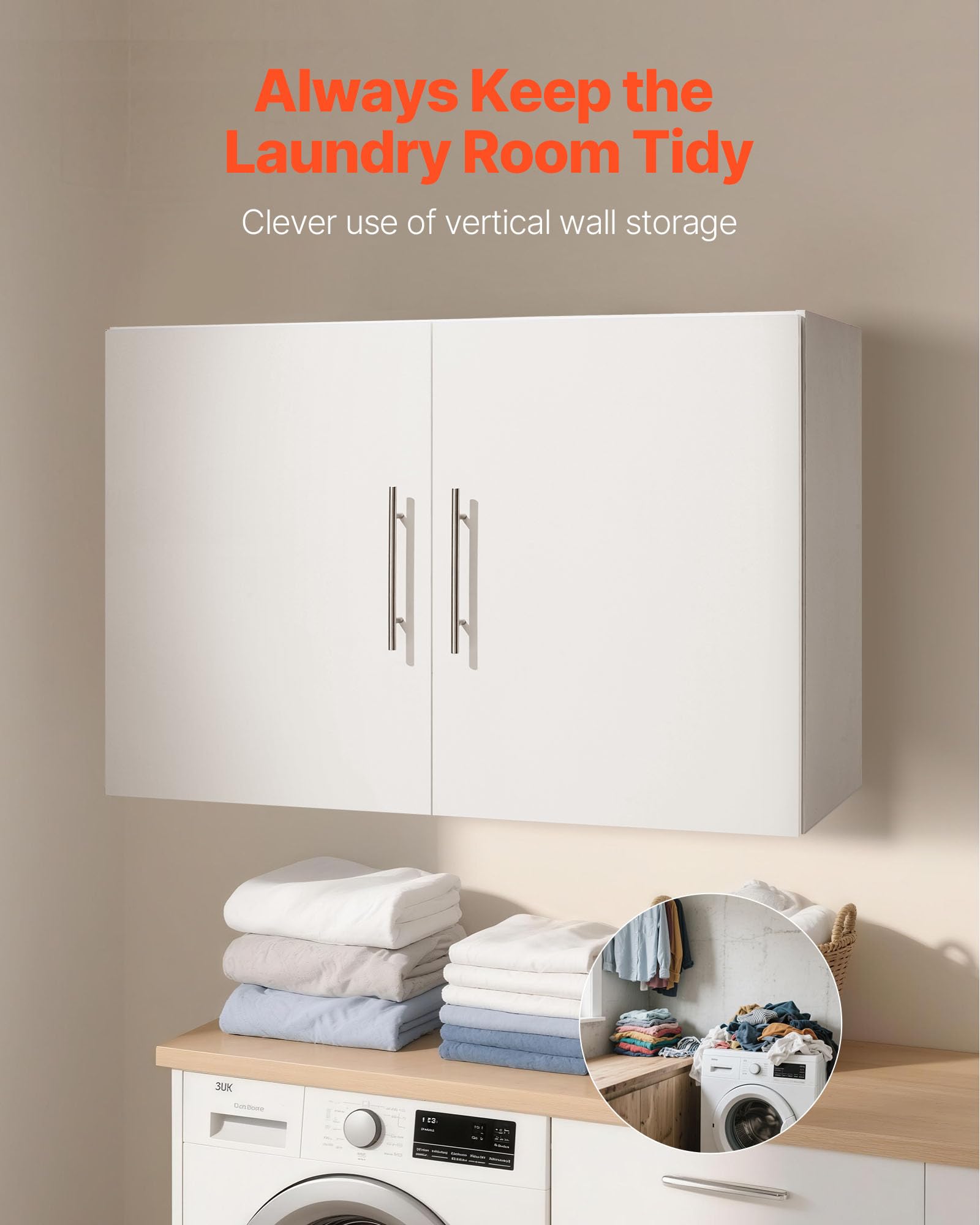 VEVOR Wandschrank für Waschküche, 2-stöckiger Wandhängeschrank mit Verstellbarer Ablage, Küchenschrank mit 2 Türen, für Küche Bad Wäscherei, 40,6 x 91,4 x 61 cm (T x B x H), Oberschrank Weiß