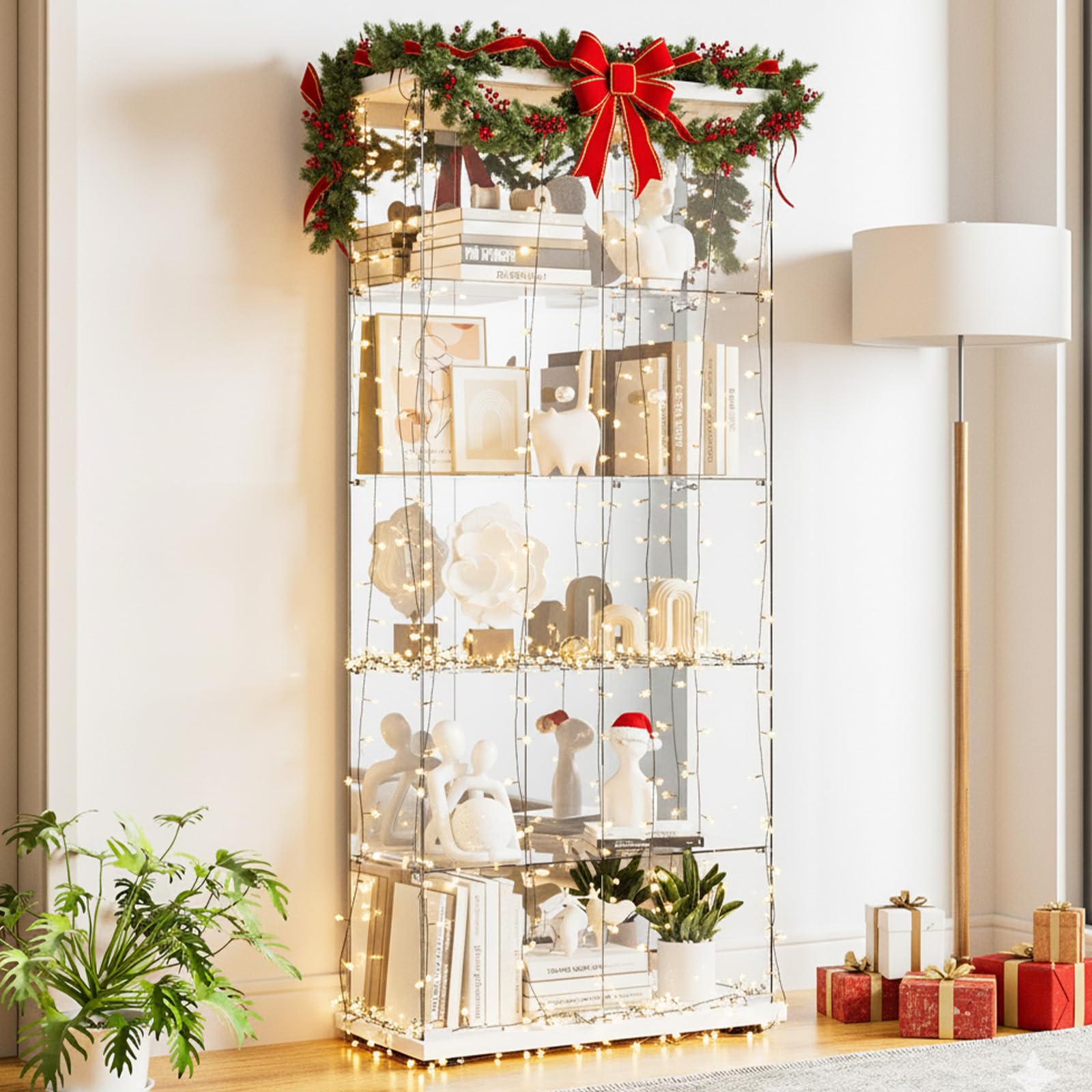 Glass Display Cabinet 5-Shelf with Door, Lock and Mirror,4mm Tempered Glass Floor-to-Ceiling Glass Bookcase for Bedroom, Living Room, White