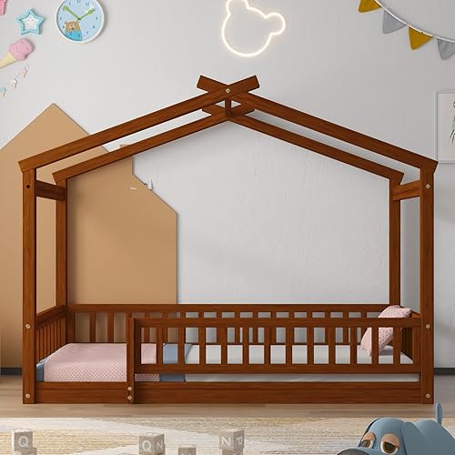 Harper &amp; Bright Designs Cama Montessori de tamaño individual, cama de piso para niños con barandilla de valla, marcos de cama individual de madera