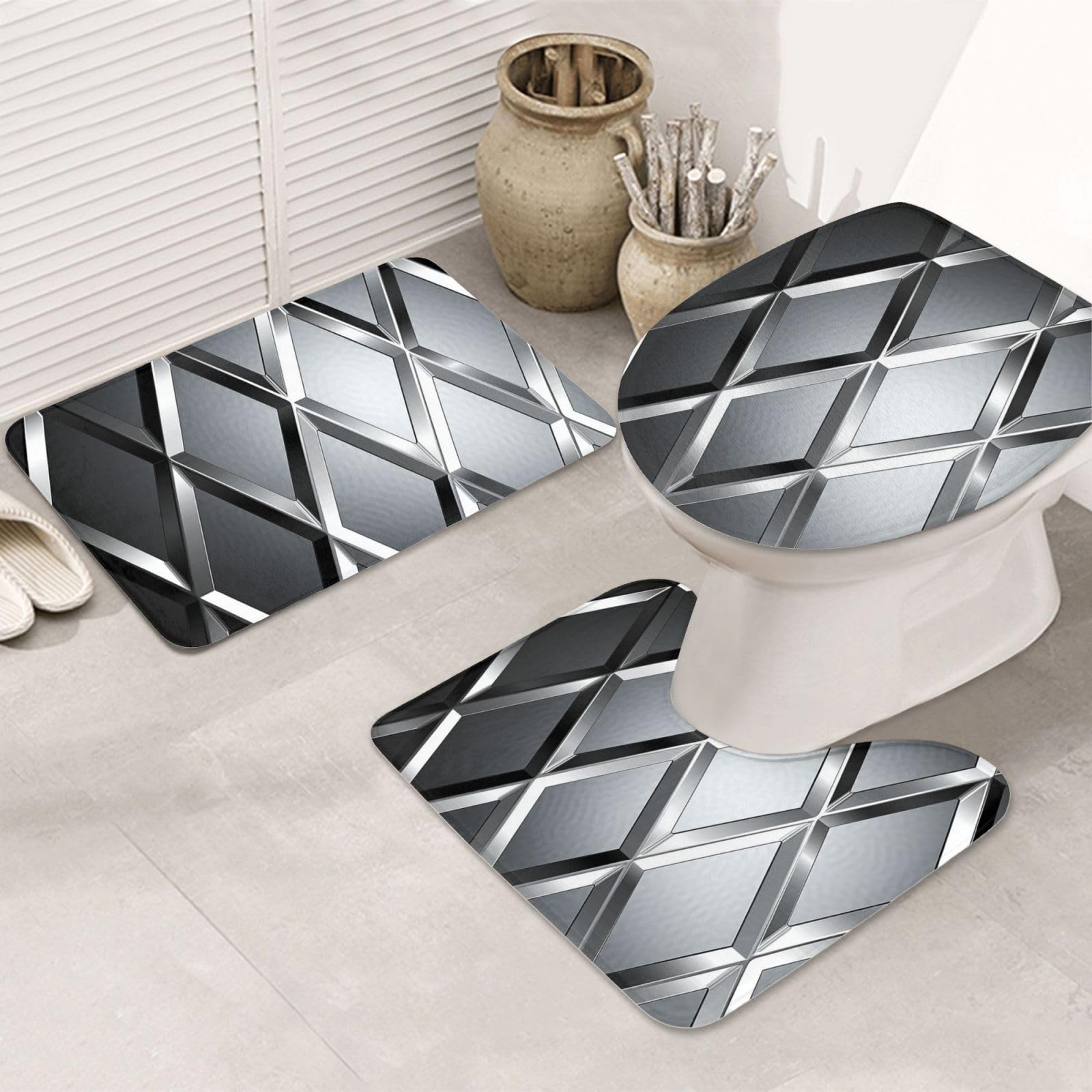 Dwrepo Silver Geometric Figure Print Bathroom Rug Set 3 Piece with Non-Slip U-Shaped Contour Mat and Toilet Lid Cover for Bathroom Decoration