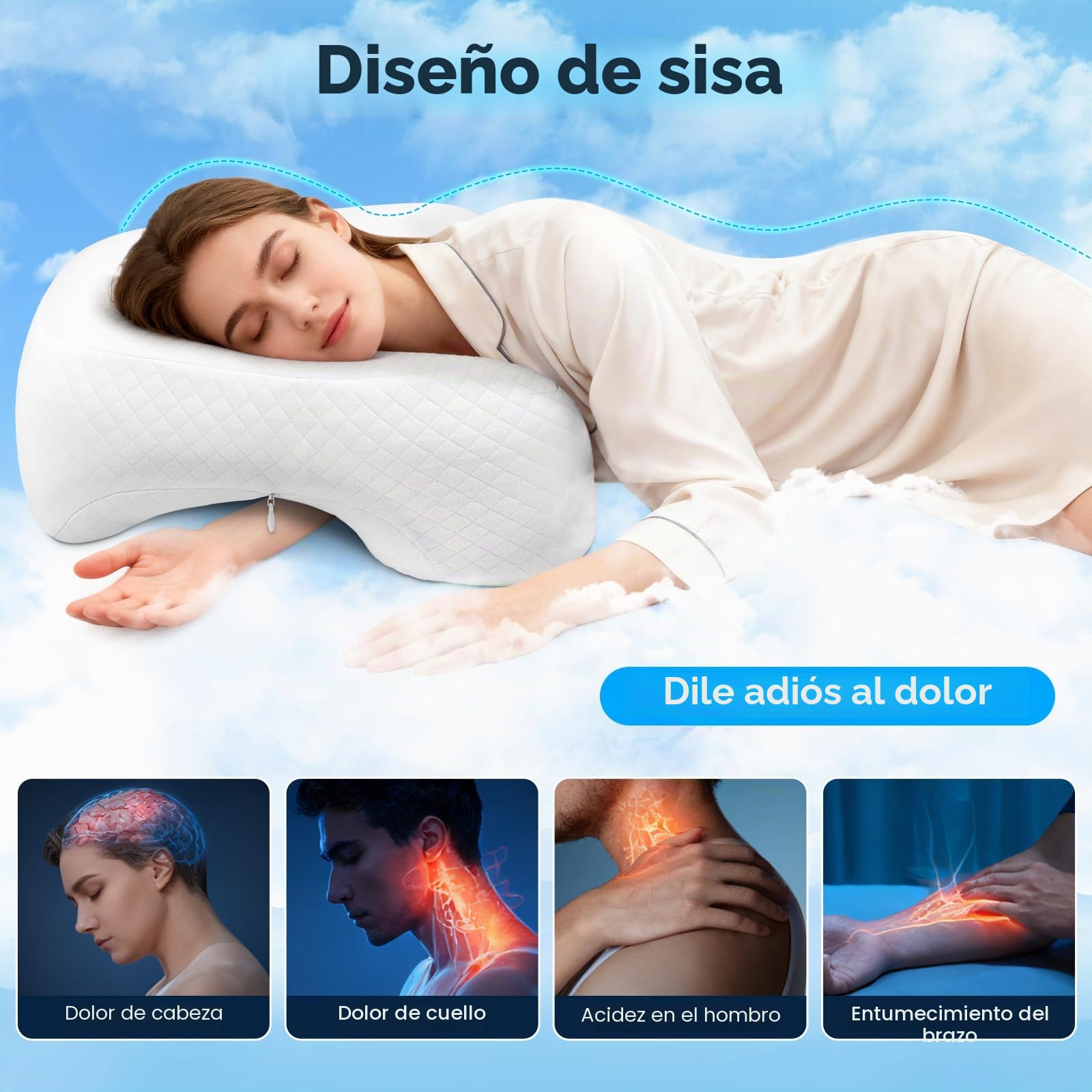 Almohada para dormir de lado con abertura para el brazo, almohada ortopédica ergonómica para el cuello con 3 aberturas para brazos, almohada de espuma viscoelástica para el cuello, para
