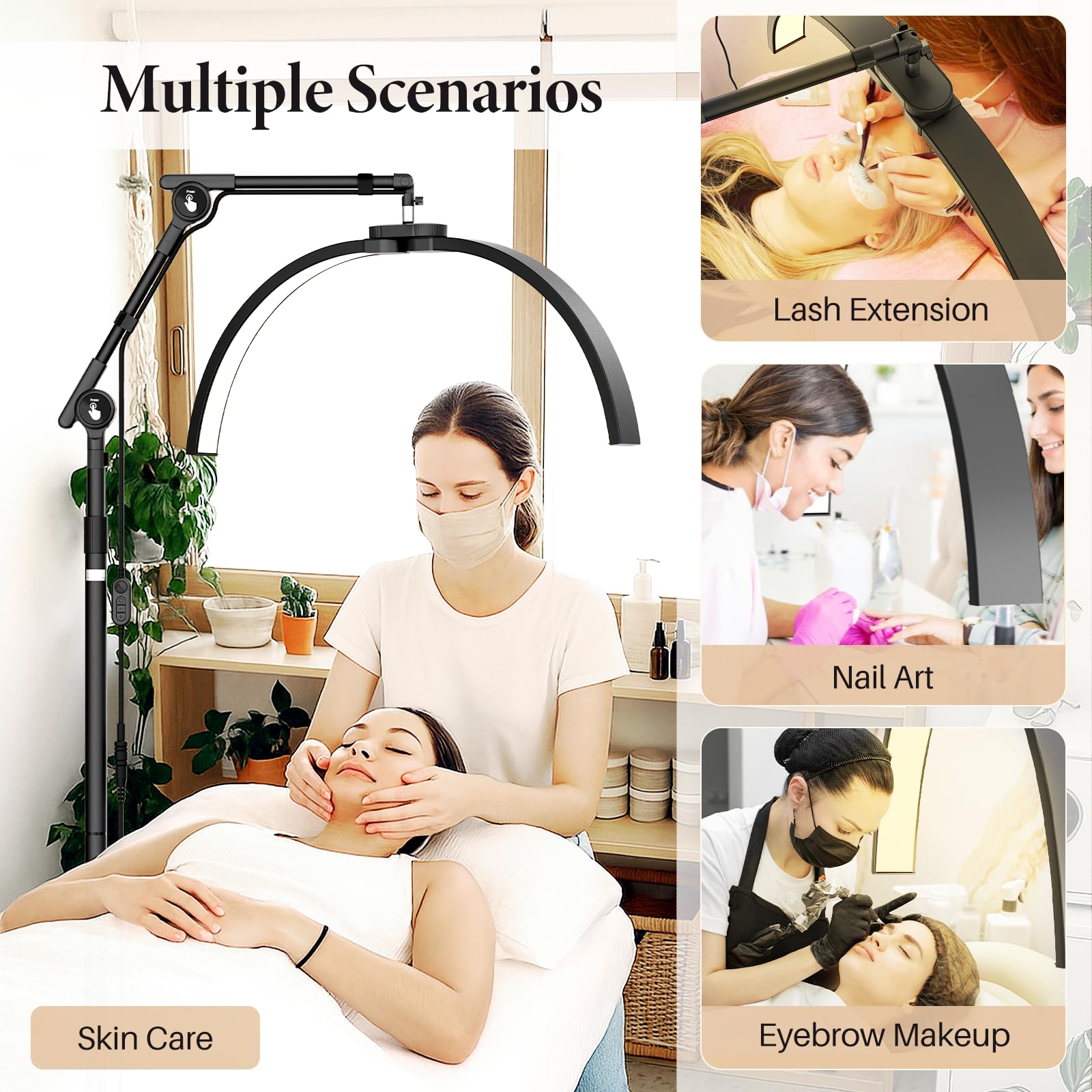 LED Halbmond Wimpern Lampe: Drehbar 360° Halbmond Beauty Lichter Stehlampe mit Telefonhalter - Dimmbares Wimpernverlängerung Lampe für Beauty,Tätowierer, Make-Up Artists - Schwarz
