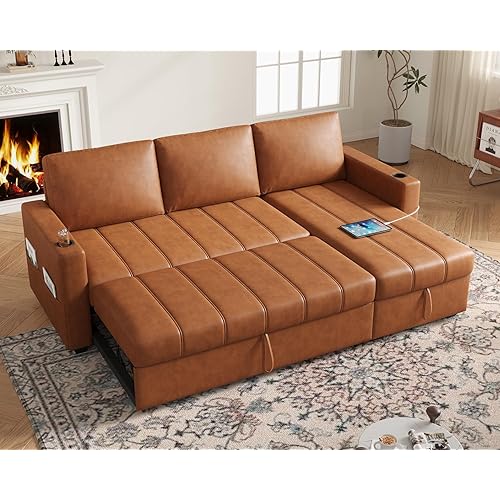 Fadware 89” L Shape Sofa Sleeper, Sectional Sofa Bed with Hidden Storage& Side Pocket, Anti-scratch Faux Leather Couch Bed with ChargePort& CupHolder, Modern Piano Design Pull Out Couch for LivingRoom