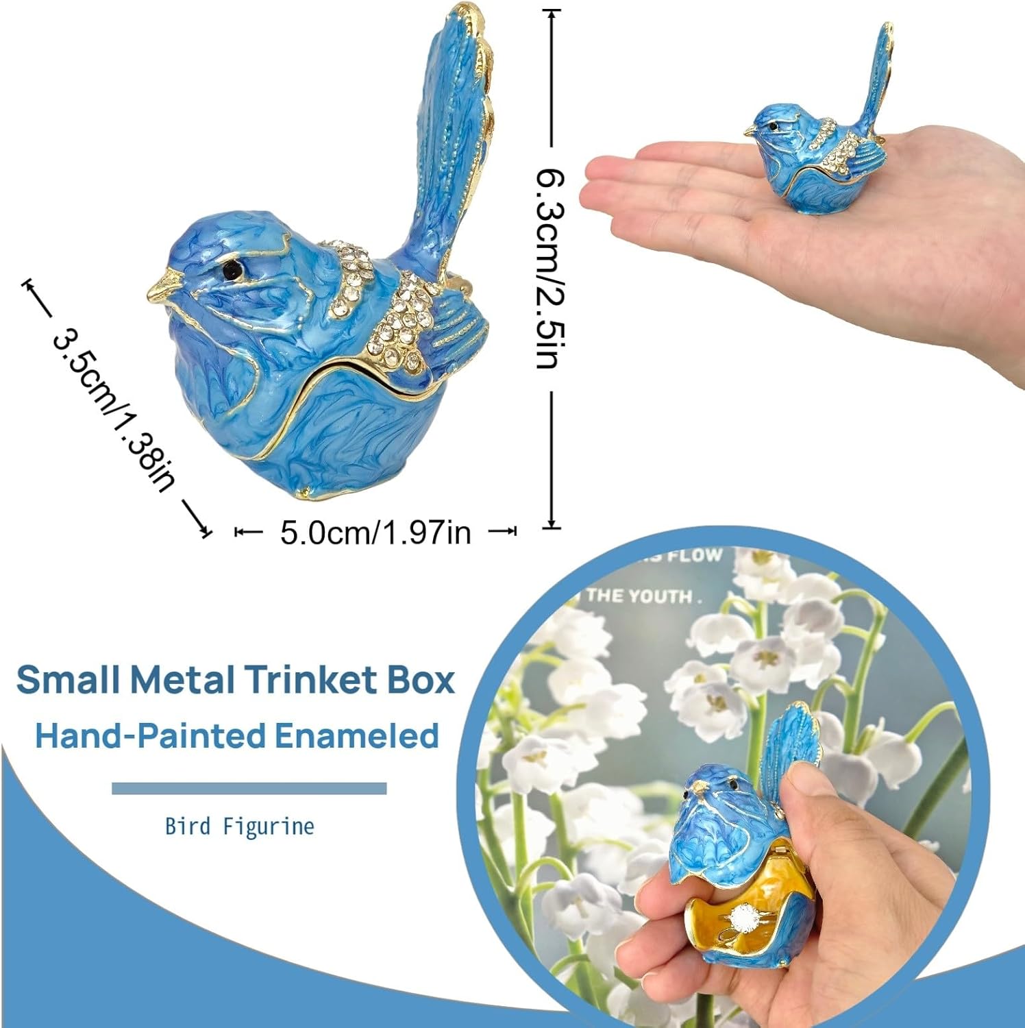 Mini Bird Trinket Box, Vintage Metal Enameled Bird Figurine, Rings Earrings Small Jewelry Box Decorative Hand-Painted Collectible Animal Statue Gift for Girls Women, Blue - Image 2