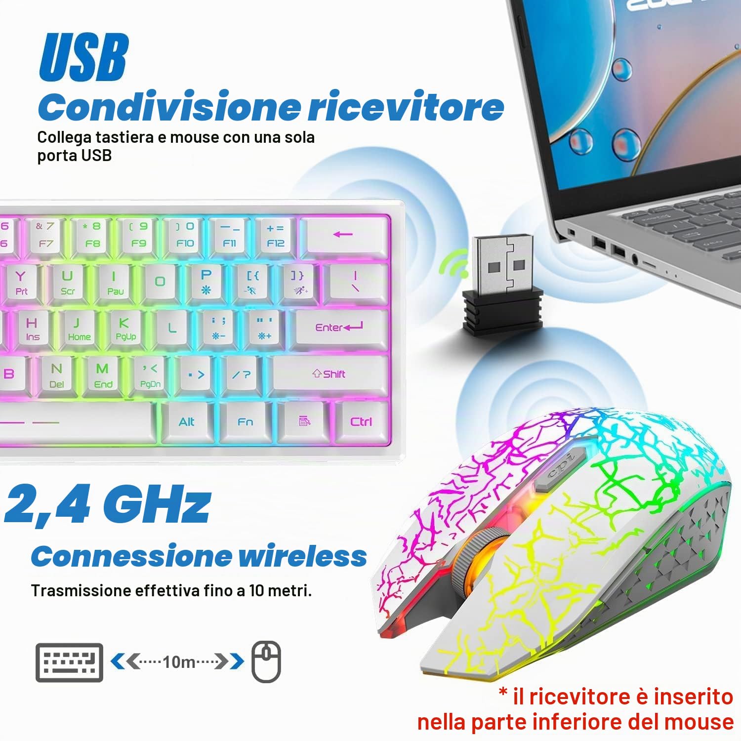 Set Tastiera E Mouse Da Gioco Wireless Compatti Al 60%, 3800mAh Type-c Ricaricabile RGB Arcobaleno Tastiera Illuminata Sensazione Meccanica Respirazione Retroilluminazione Mouse Luminoso Per PC-Bianco