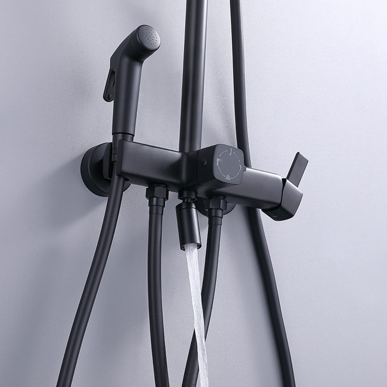 Sistema Doccia Nero, Set Rubinetto Doccia A Parete con Soffione Doccia A Pioggia Tondo E Doccetta, Colonna Doccia Monocomando in Ottone con Doccetta Bidet