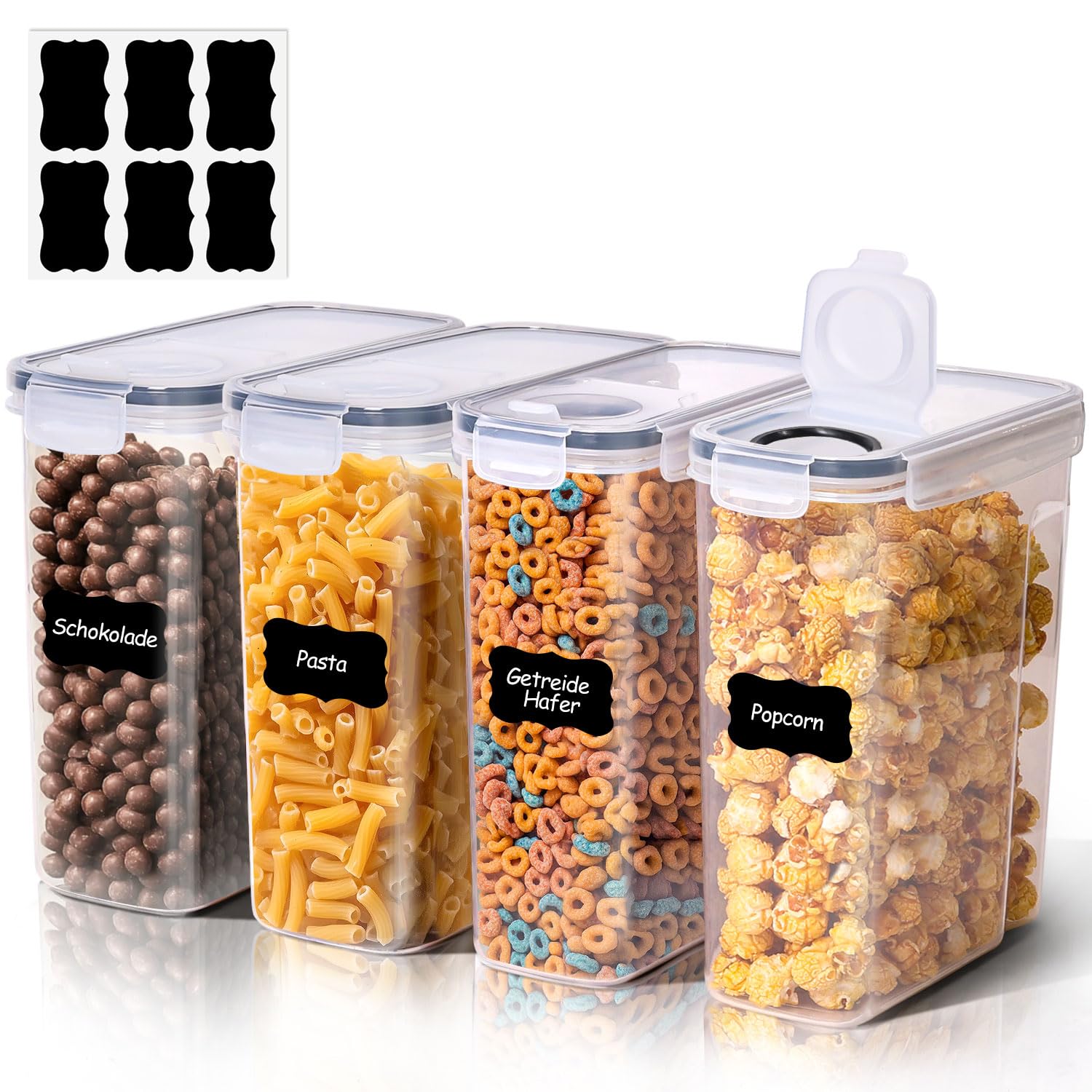 ComSaf Vorratsdosen mit Deckel Luftdicht 4L, 4er Müsli Aufbewahrung, Aufbewahrungsbox mit Deckel Groß, Vorratsbehälter mit Etiketten, Küchen Organizer für Müsli, Cornflakes, Spaghetti, Reis Behälter