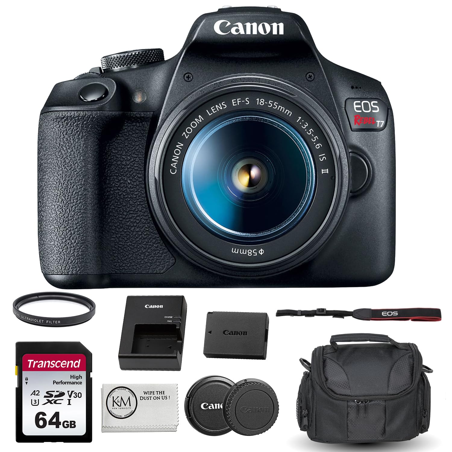Canon EOS Rebel T7 DSLR Camera with 18-55mm Lens Bundled with 64GB Memory Card + Camera Bag + 58mm UV Filter + Microfiber Cleaning Cloth (5 Items)