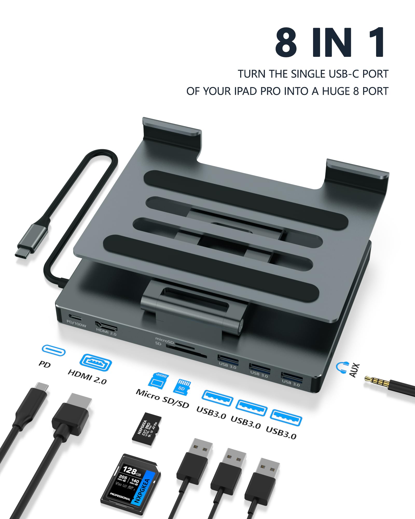 2026 iPad Pro USB C Hub Stand, Adapter for iPad Pro M5 M3 M4 13 12.9 11 Inch iPad Air Docking Station 4K 60Hz HDMI, SD/TF Card Reader, 3 USB 3.0 Port, 3.5mm Audio, iPad mini A16 Galaxy Tablet Dock