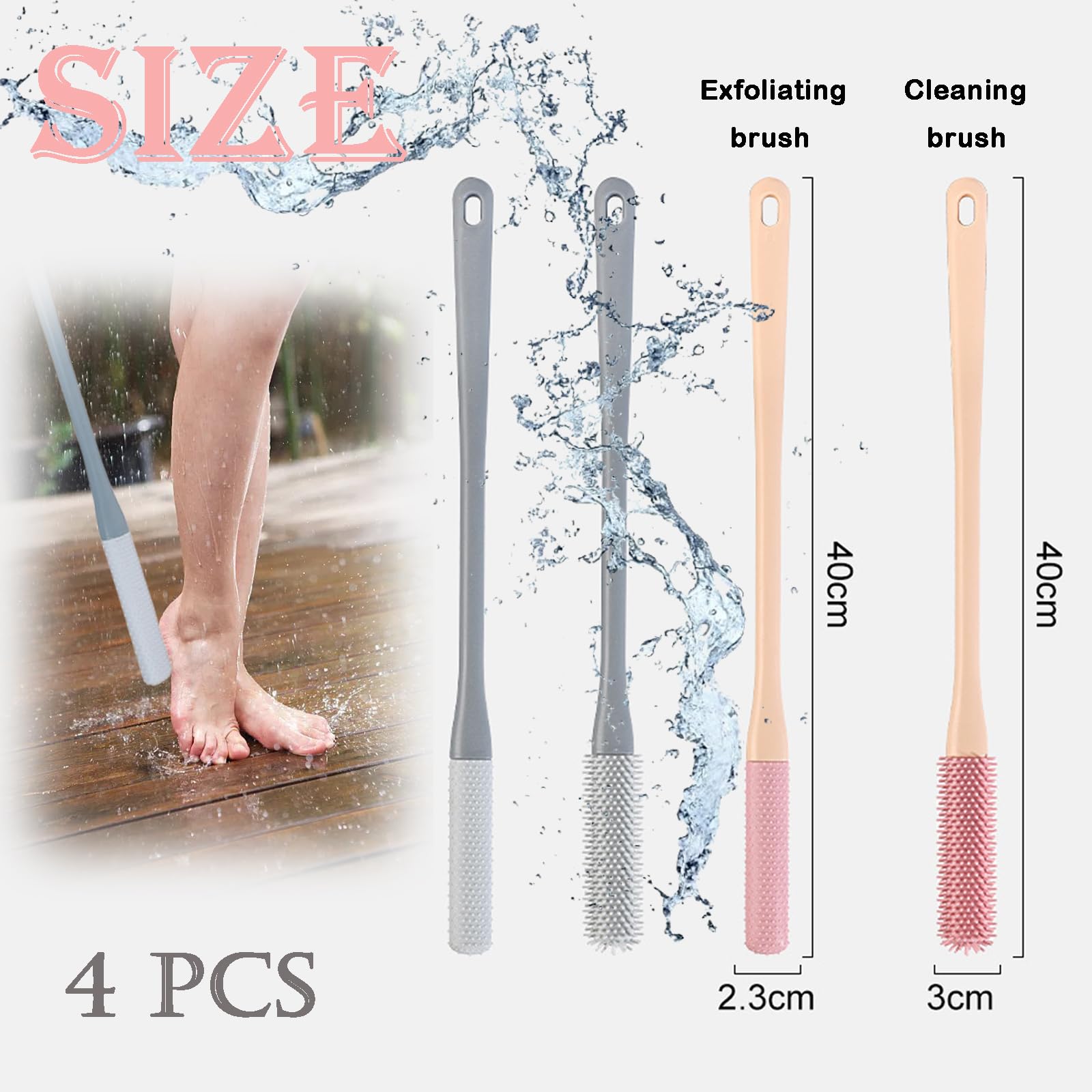 4PCS Silicone Foot Cleaning Brush With Long Handle Toe Cleaner Scrubber for Shower - Two Sizes of Brush Heads (Grey and Pink Sets) - Image 2